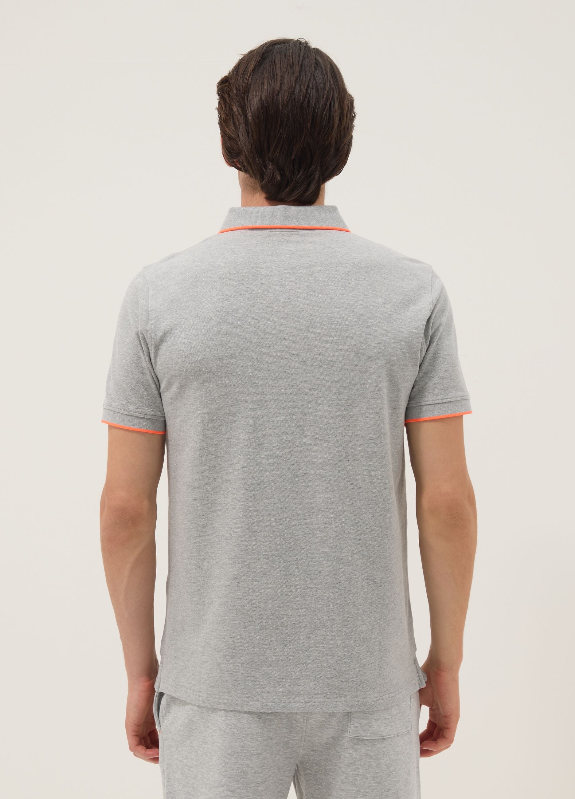 Grey stretch cotton polo with contrast piping