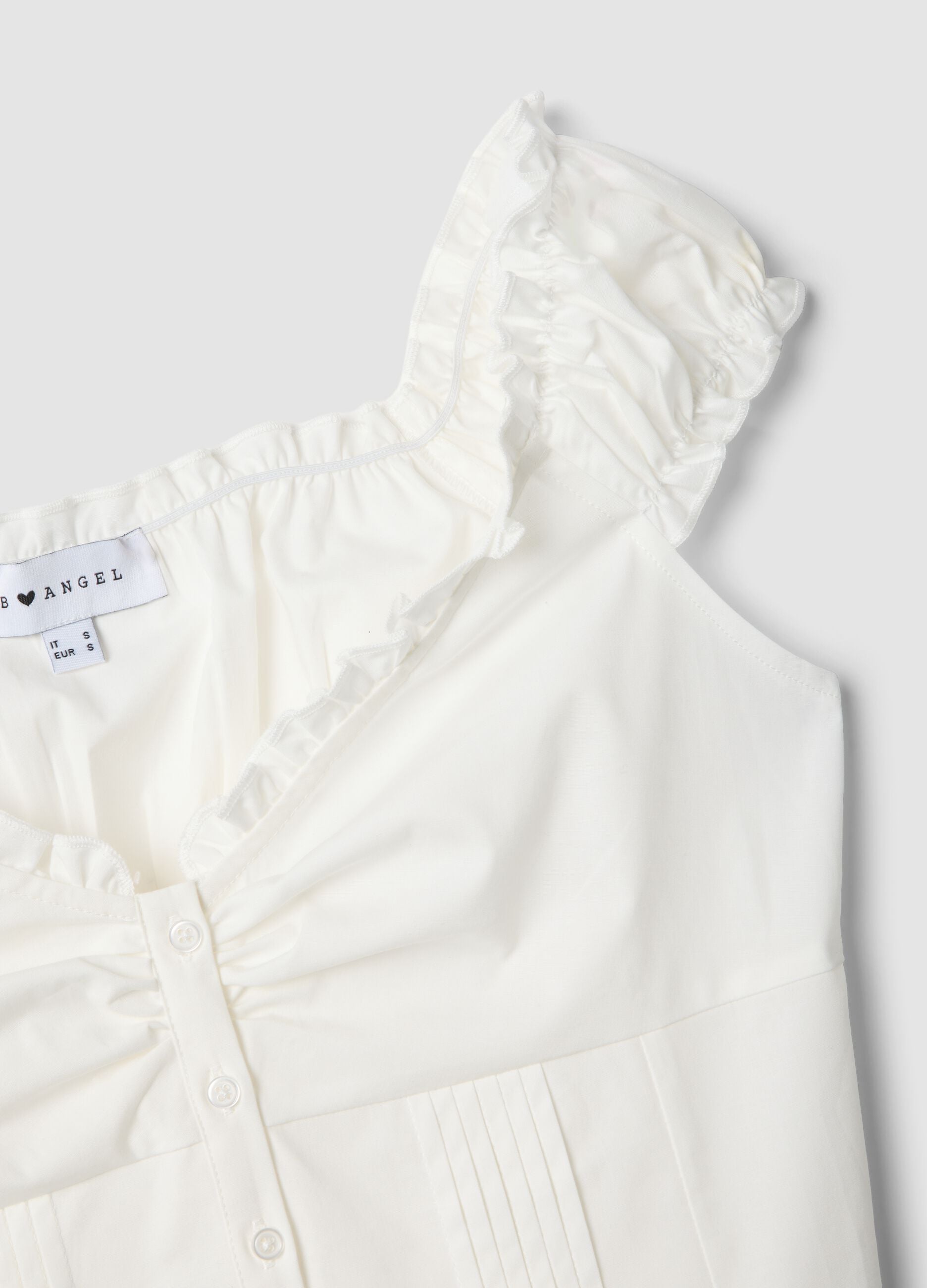 White stretch cotton blouse with buttons and ruffles, regular fit