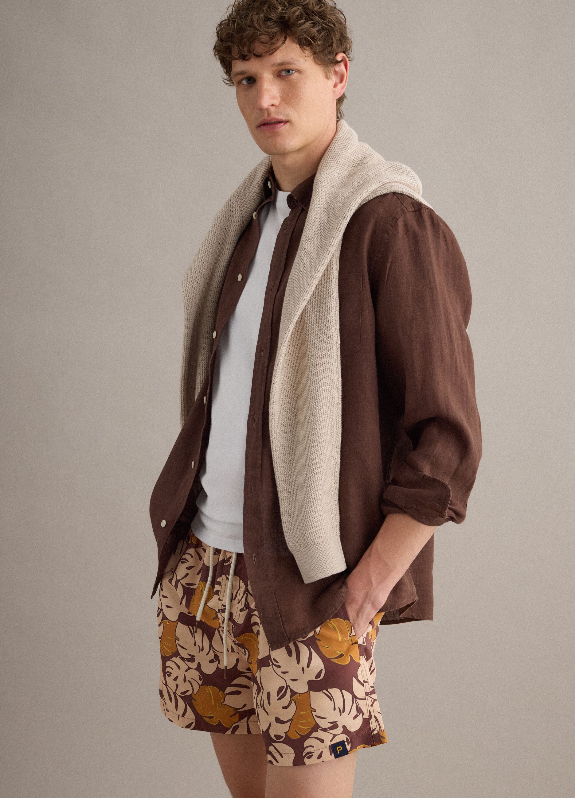 Brown tropical-print swim shorts