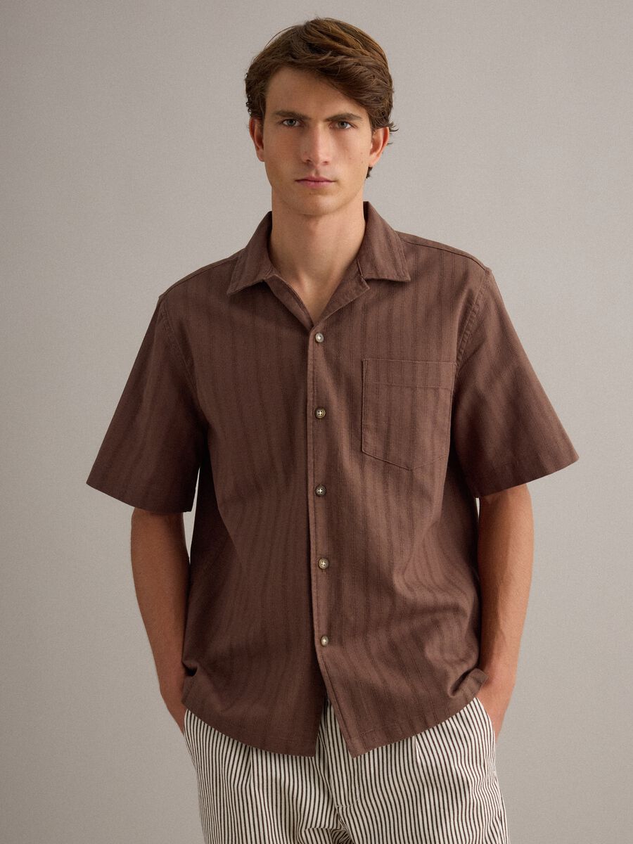 Brown pure cotton regular-fit striped shirt with chest pocket_1