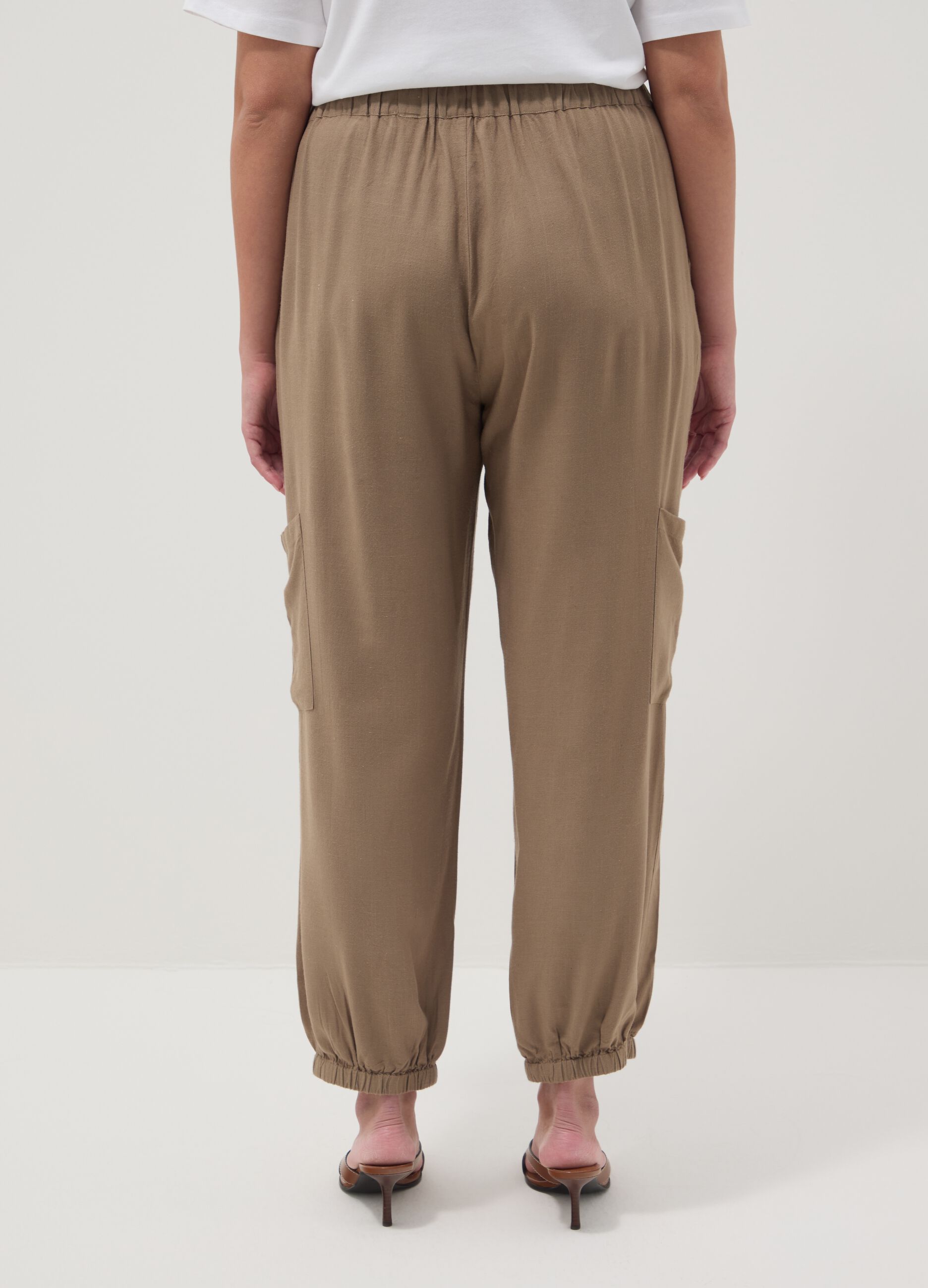 Brown viscose-linen blend jogger trousers, regular fit