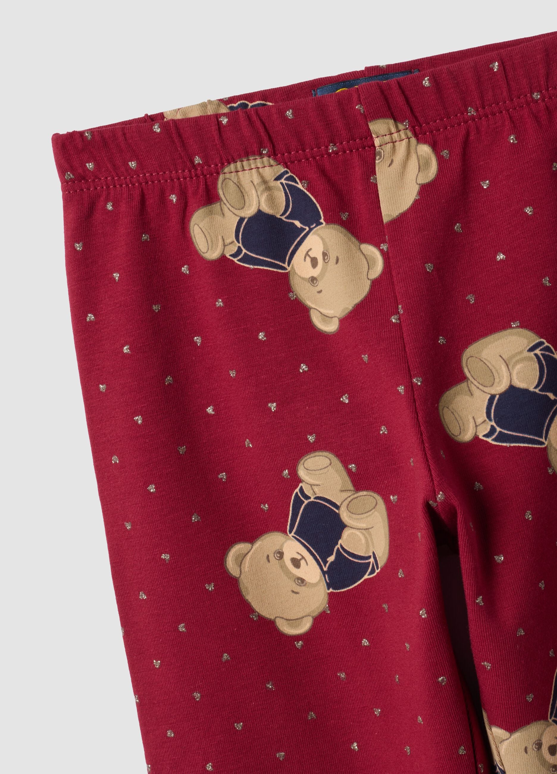 Red organic stretch cotton leggings with teddy bear print for girls