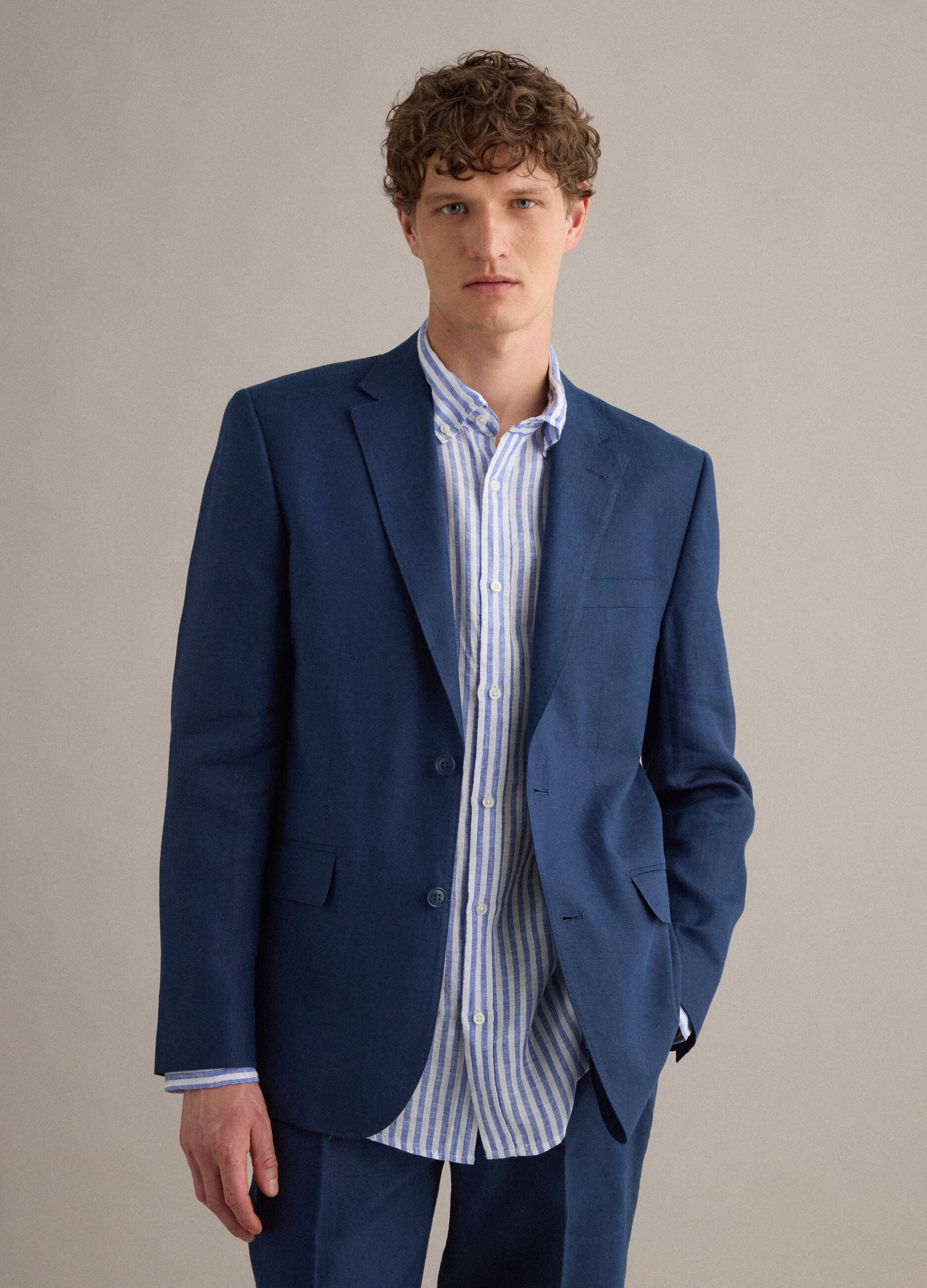 Blue pure linen slim-fit blazer