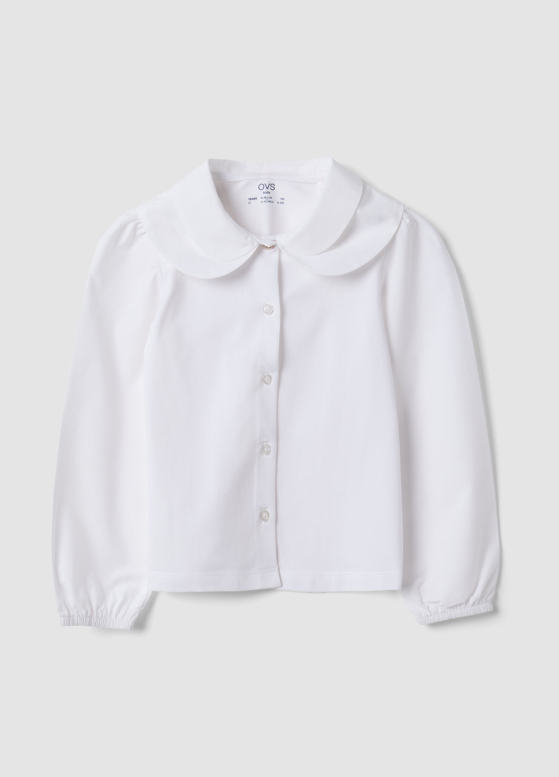 White stretch cotton blouse with rounded collar, regular fit