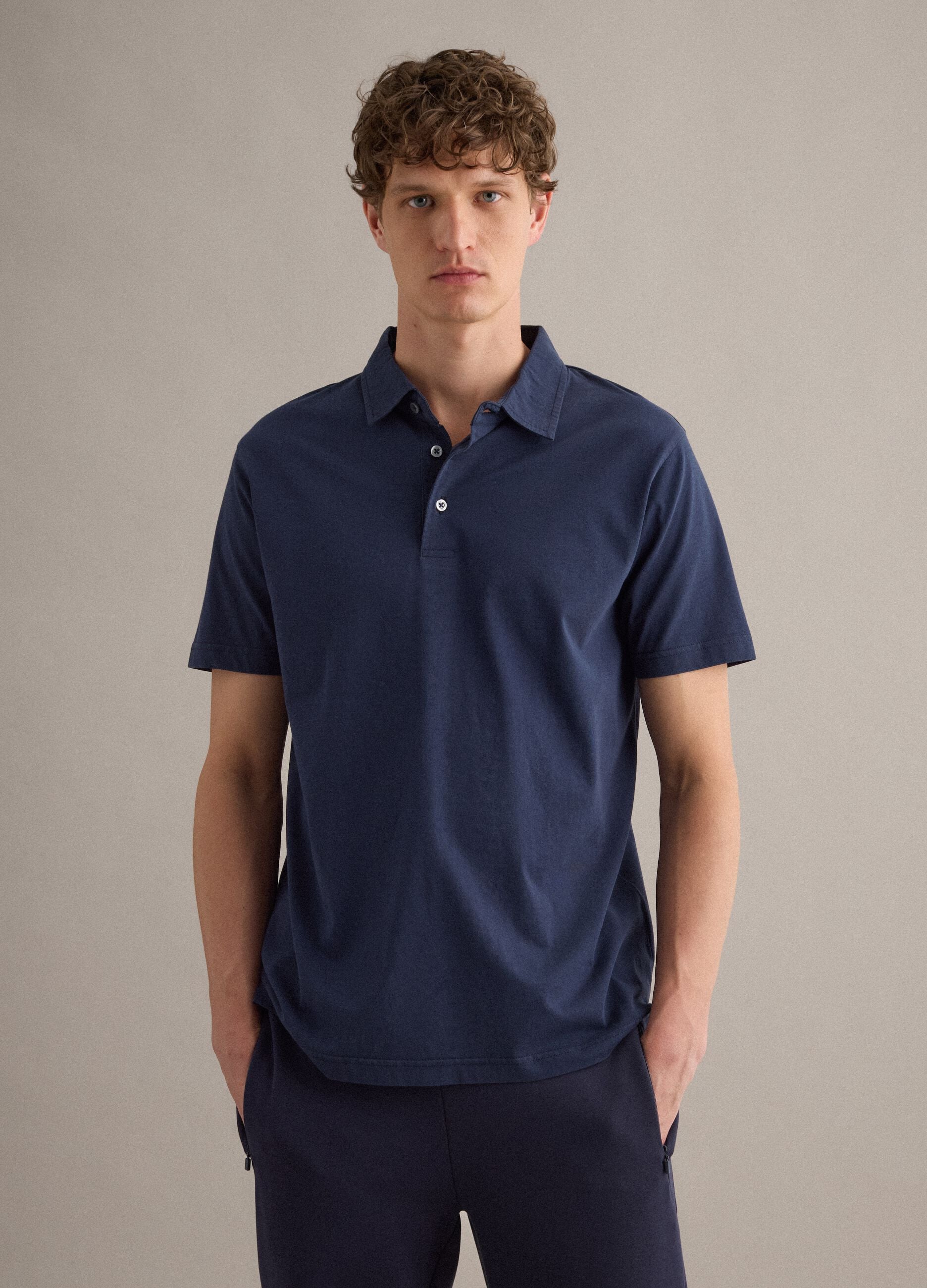 Blue short-sleeve pure cotton polo shirt, regular fit