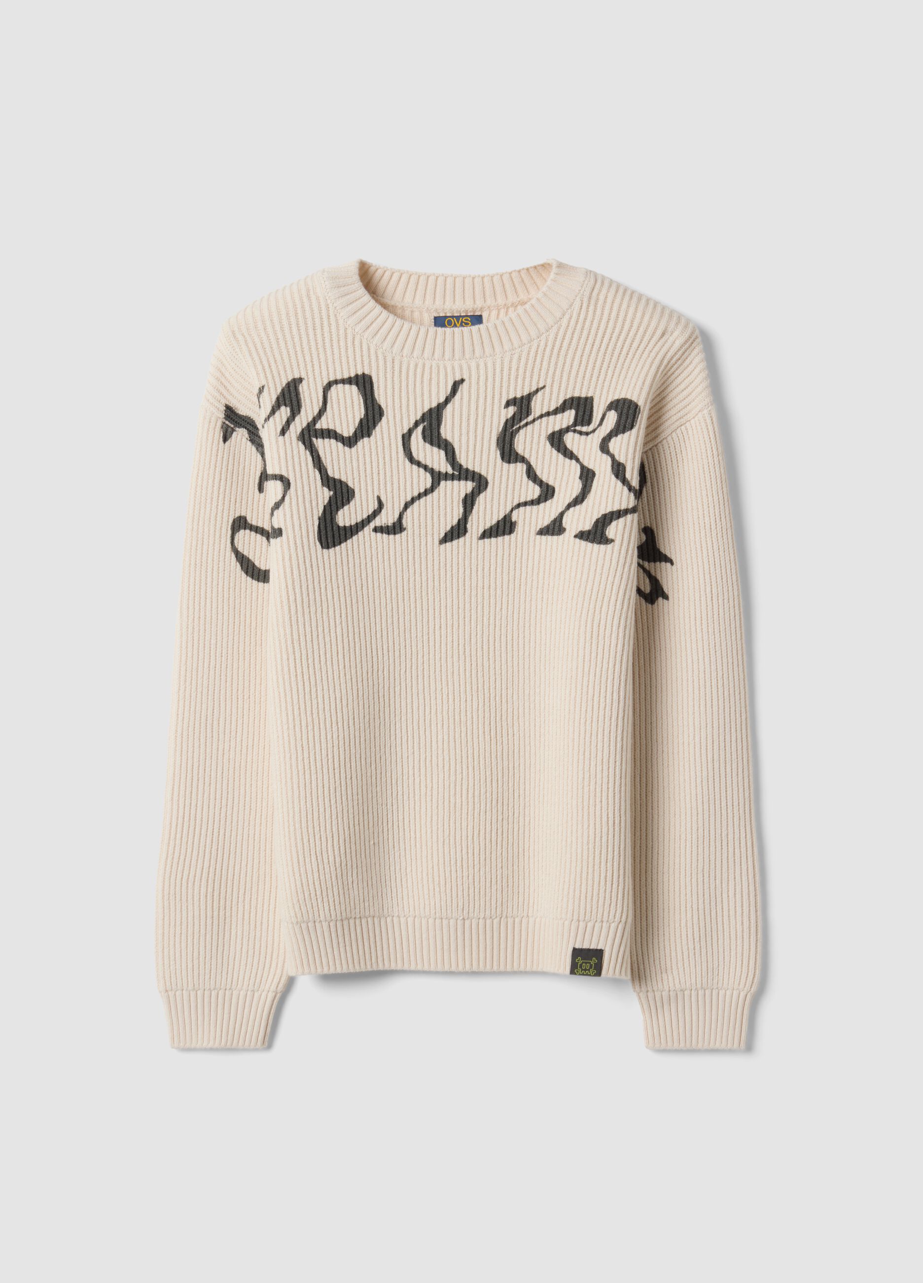 Beige oversized cotton-blend ribbed crew-neck top for boys