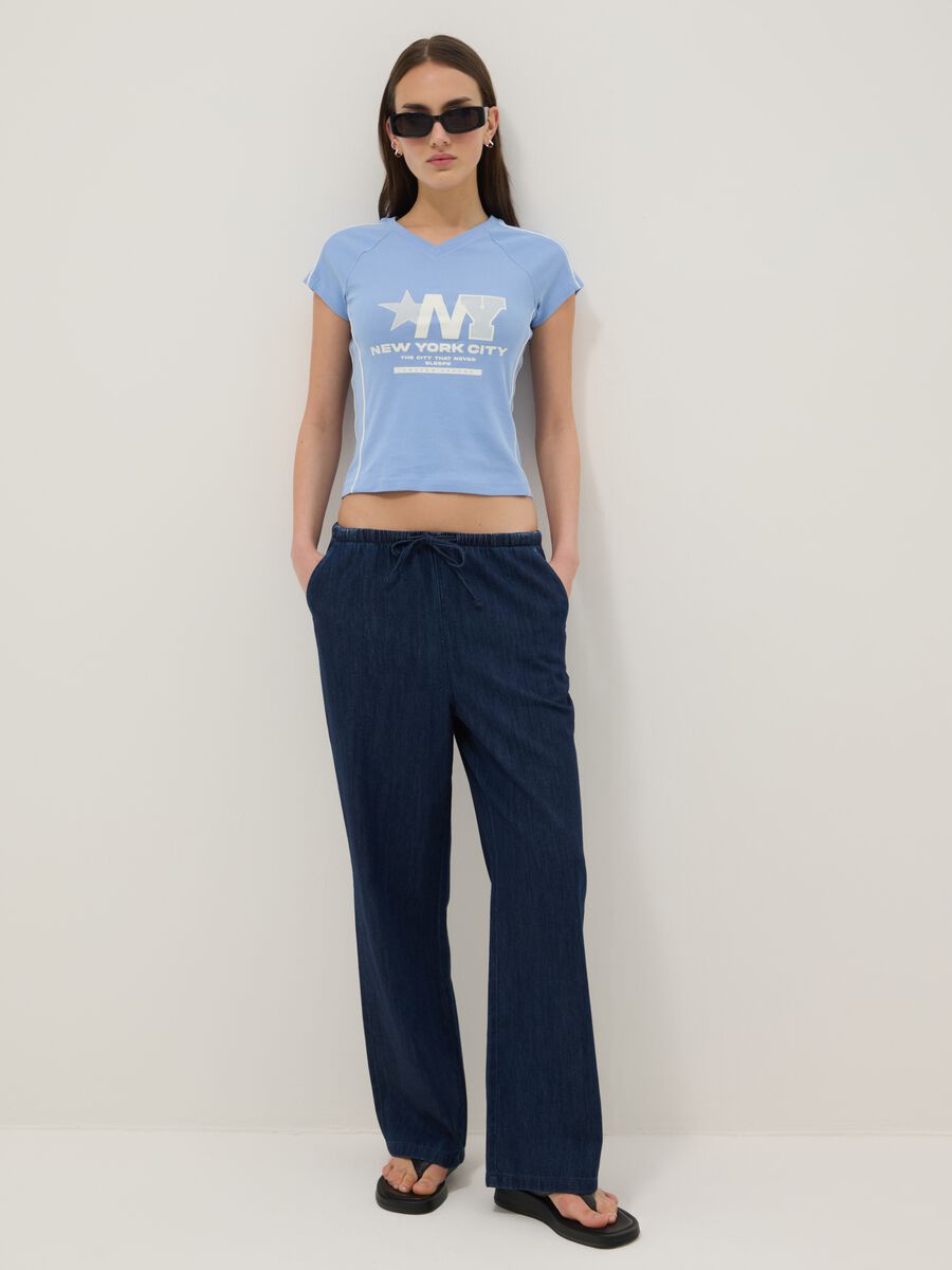 Blue pure cotton slim fit V-neck T-shirt with print_2