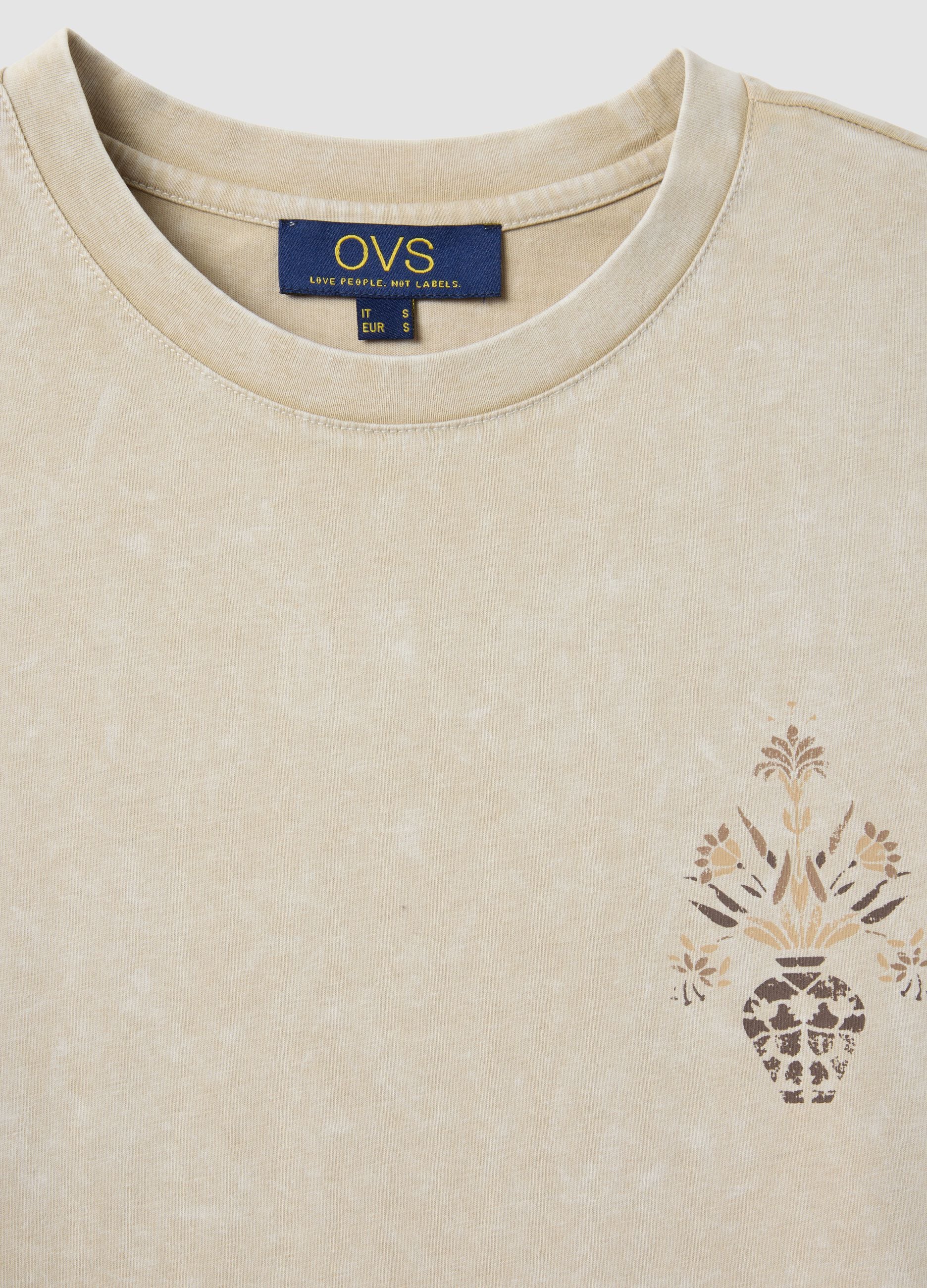 Beige pure cotton short-sleeve T-shirt, regular fit, with print