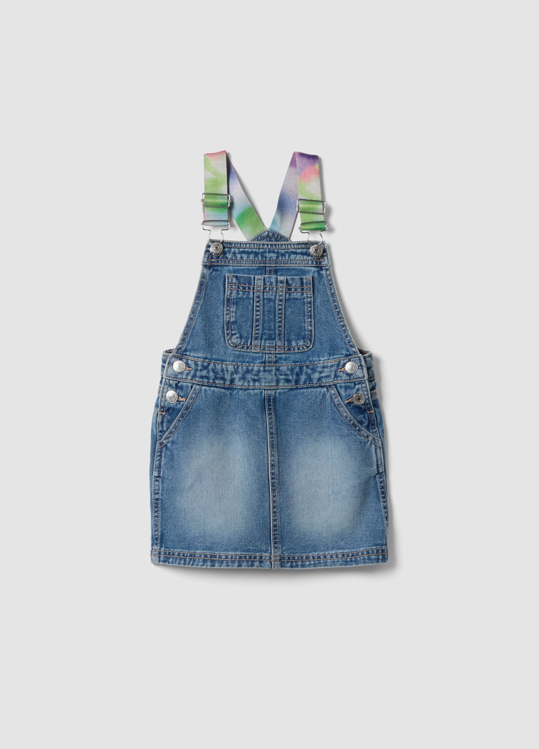 Girls&rsquo; blue denim dungarees in pure cotton with colourful braces