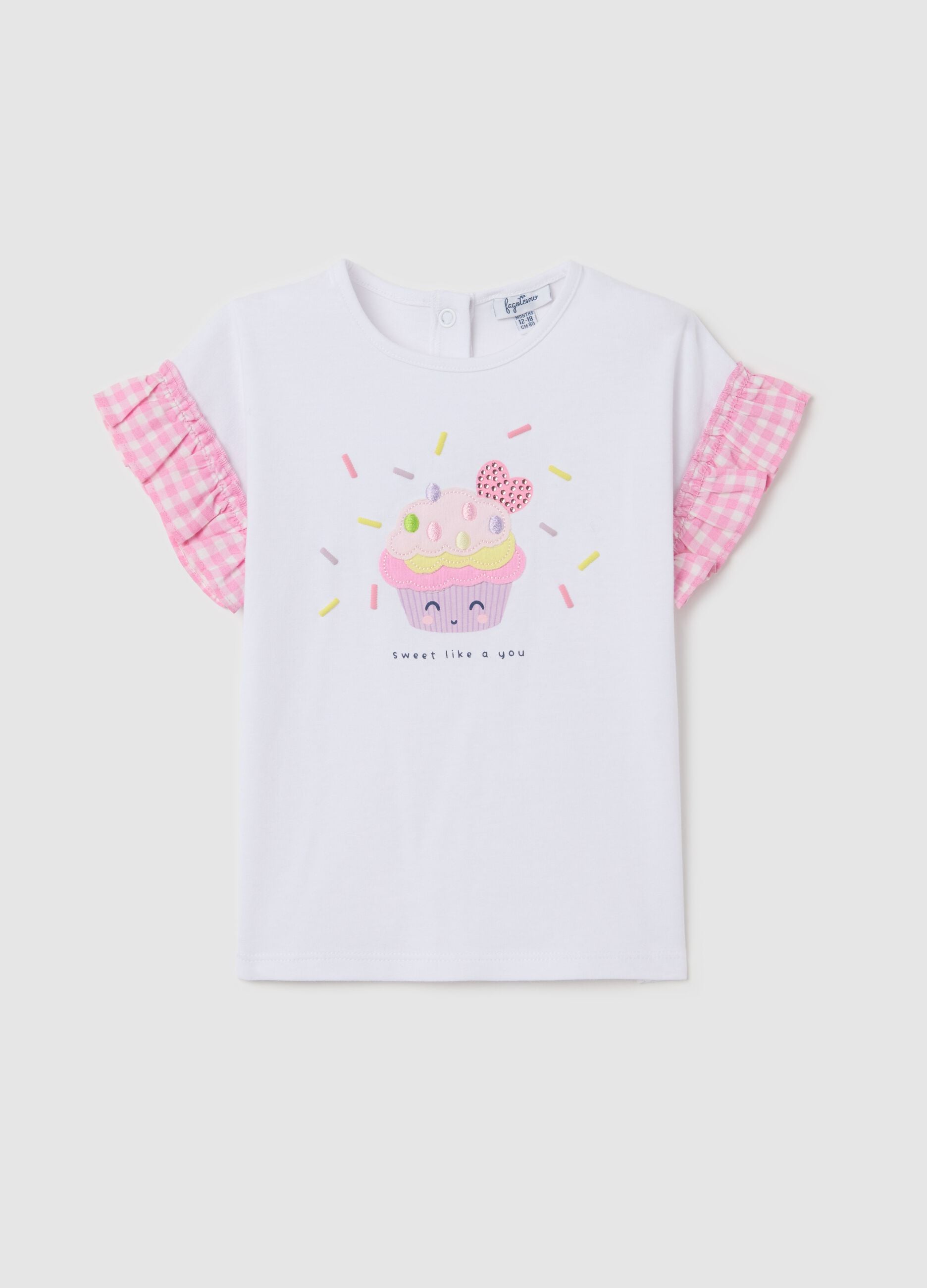 White T-shirt with flounce and cupcake application