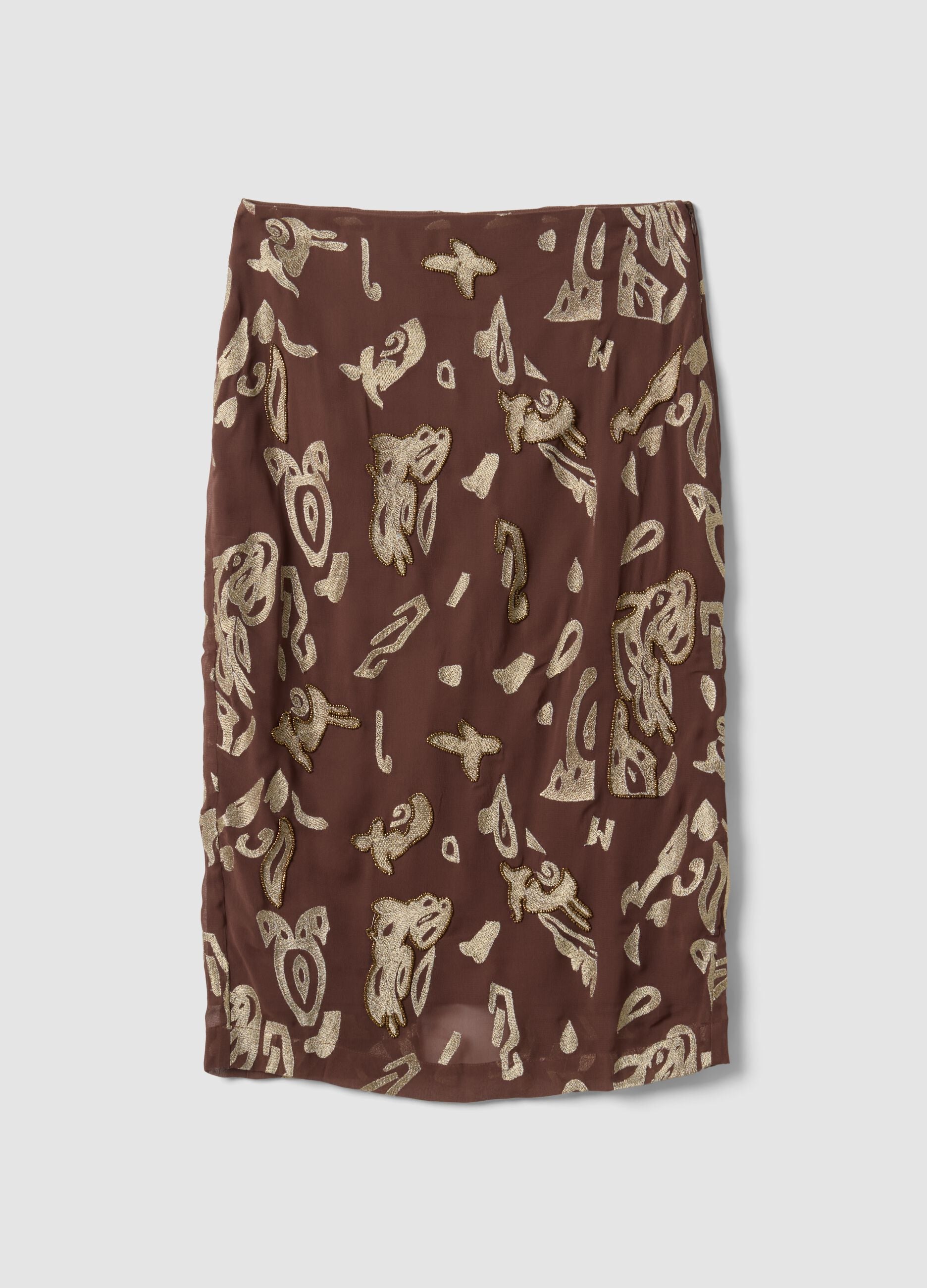 Brown midi skirt in pure viscose with embroidered motif