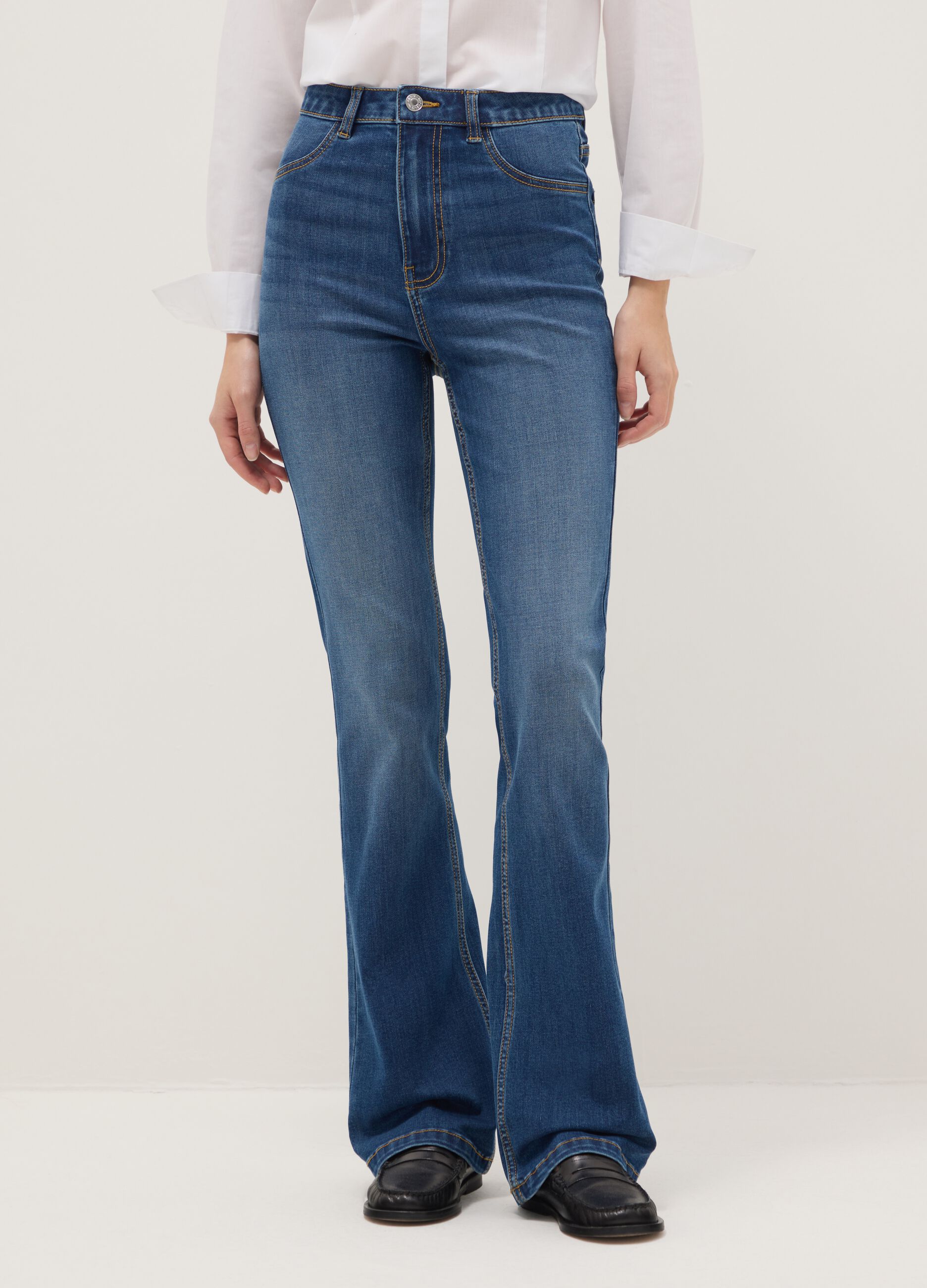 Blue cotton blend flare fit jeans