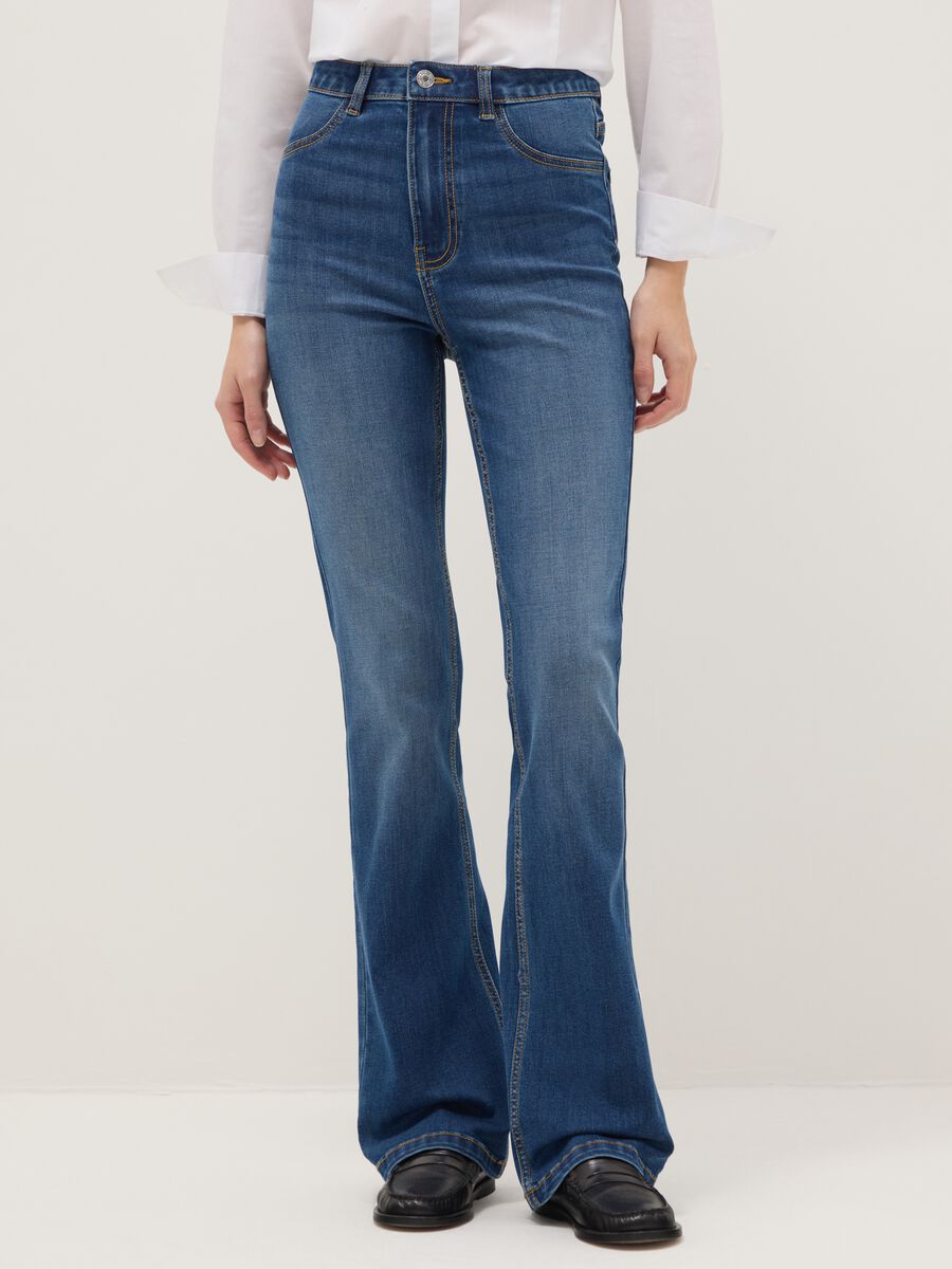 Blue cotton blend flare fit jeans_1