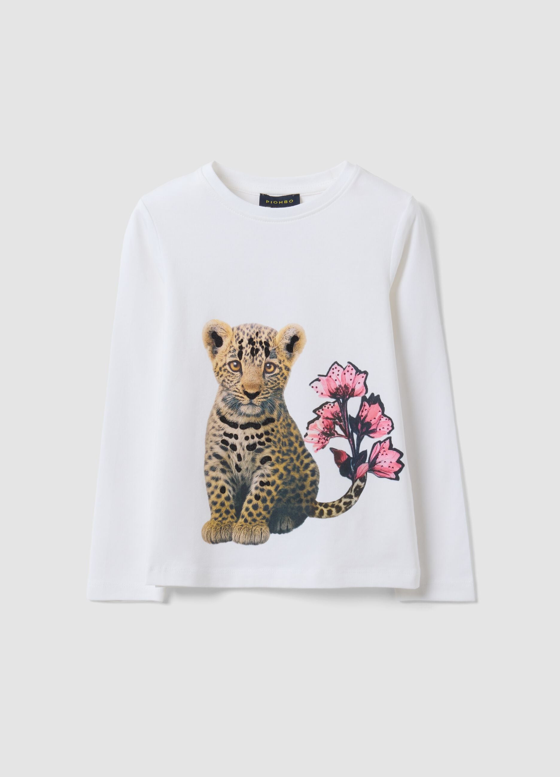 White stretch cotton T-shirt with leopard print for girls