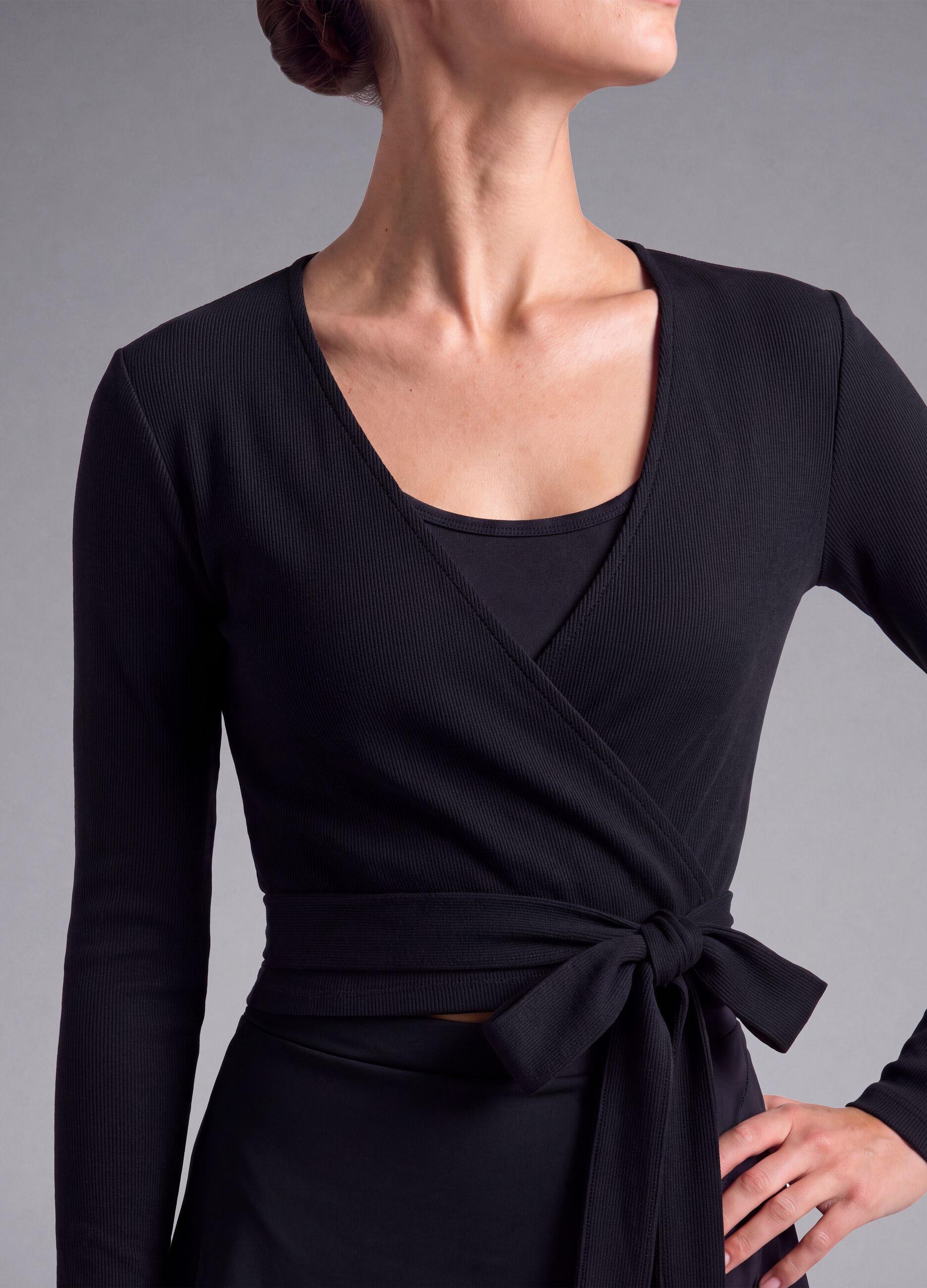 Black ribbed stretch-cotton wrap top ALTAVIA STUDIO