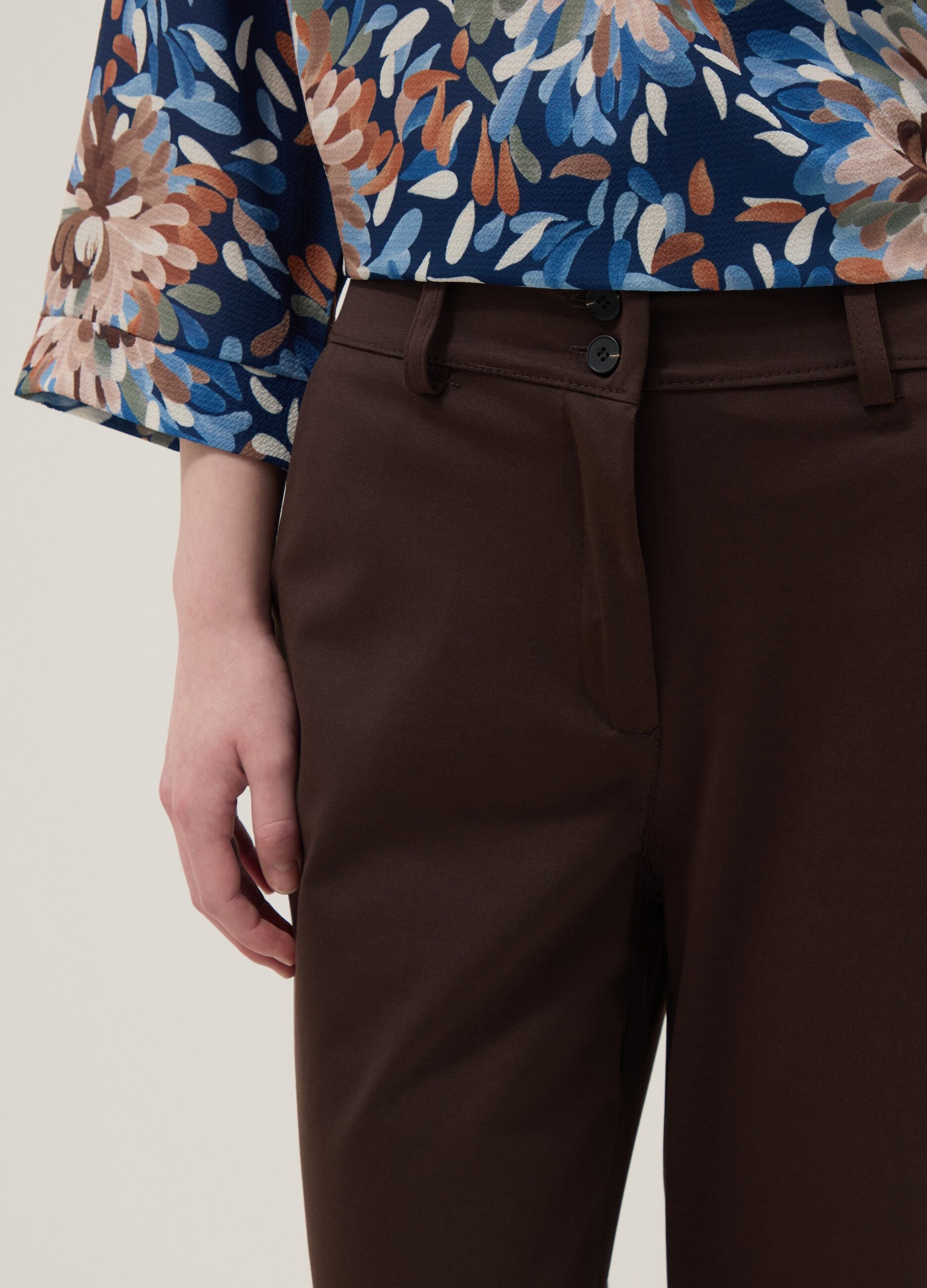 Brown wide leg stretchy cotton blend trousers regular fit