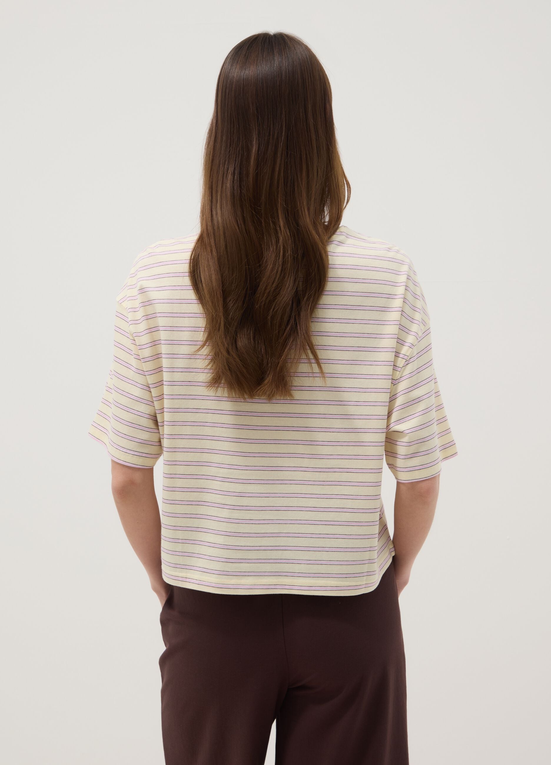 Yellow T-shirt with pink stripes in pure cotton, boxy fit