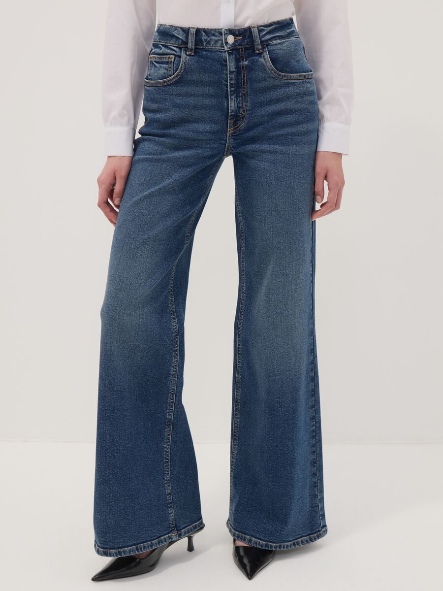 Blue high-waisted wide-leg stretch cotton jeans_1