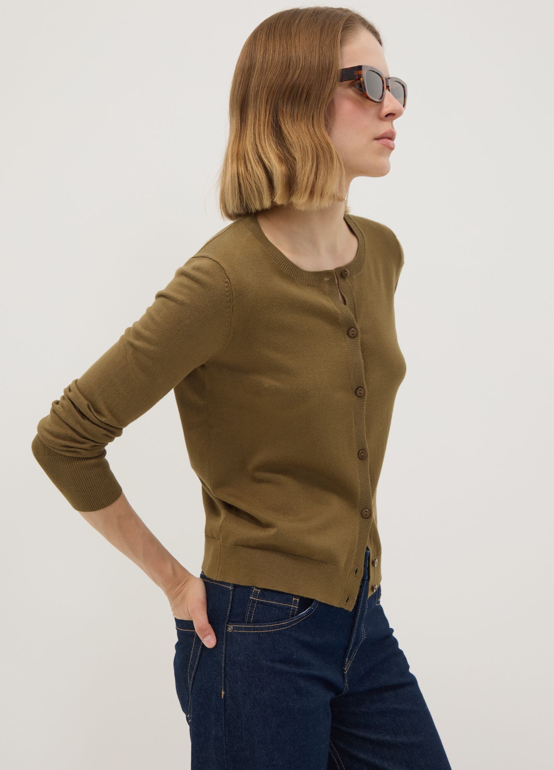 Green viscose-blend crew-neck cardigan, regular fit