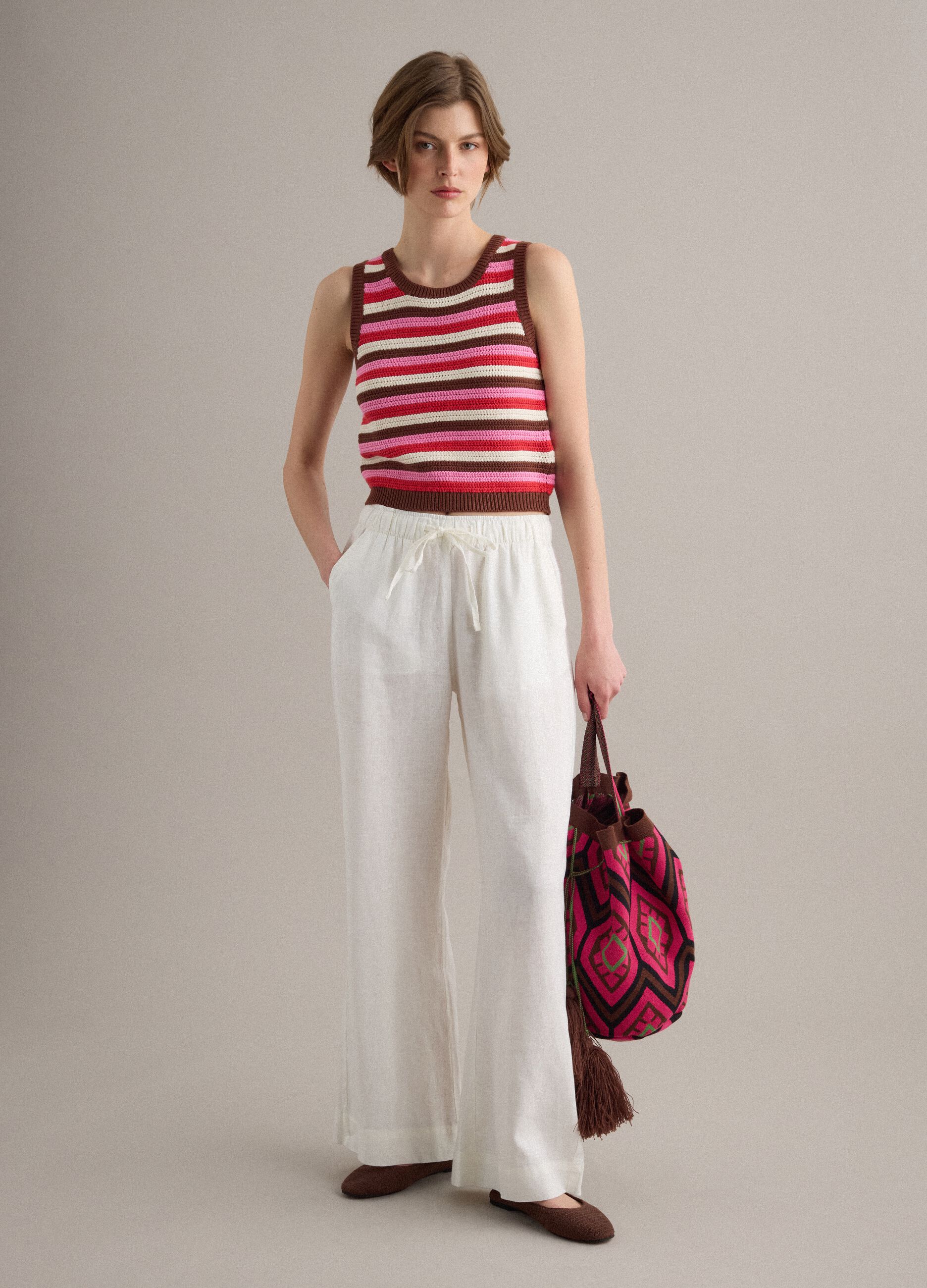 Fitted pure cotton knitted gilet with multicolour stripes