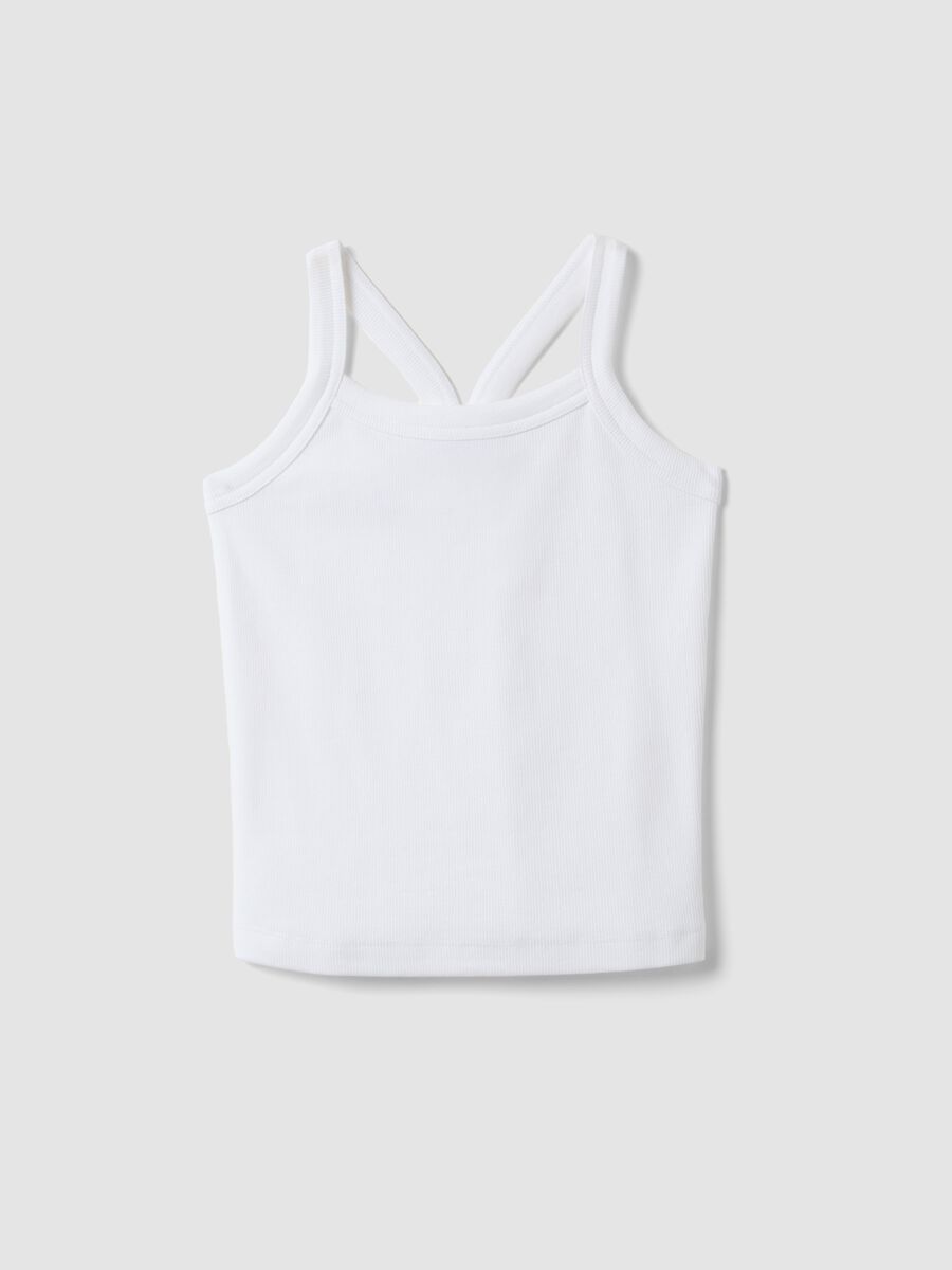 Tank top fitted bianco in cotone elasticizzato a coste da ragazza_3