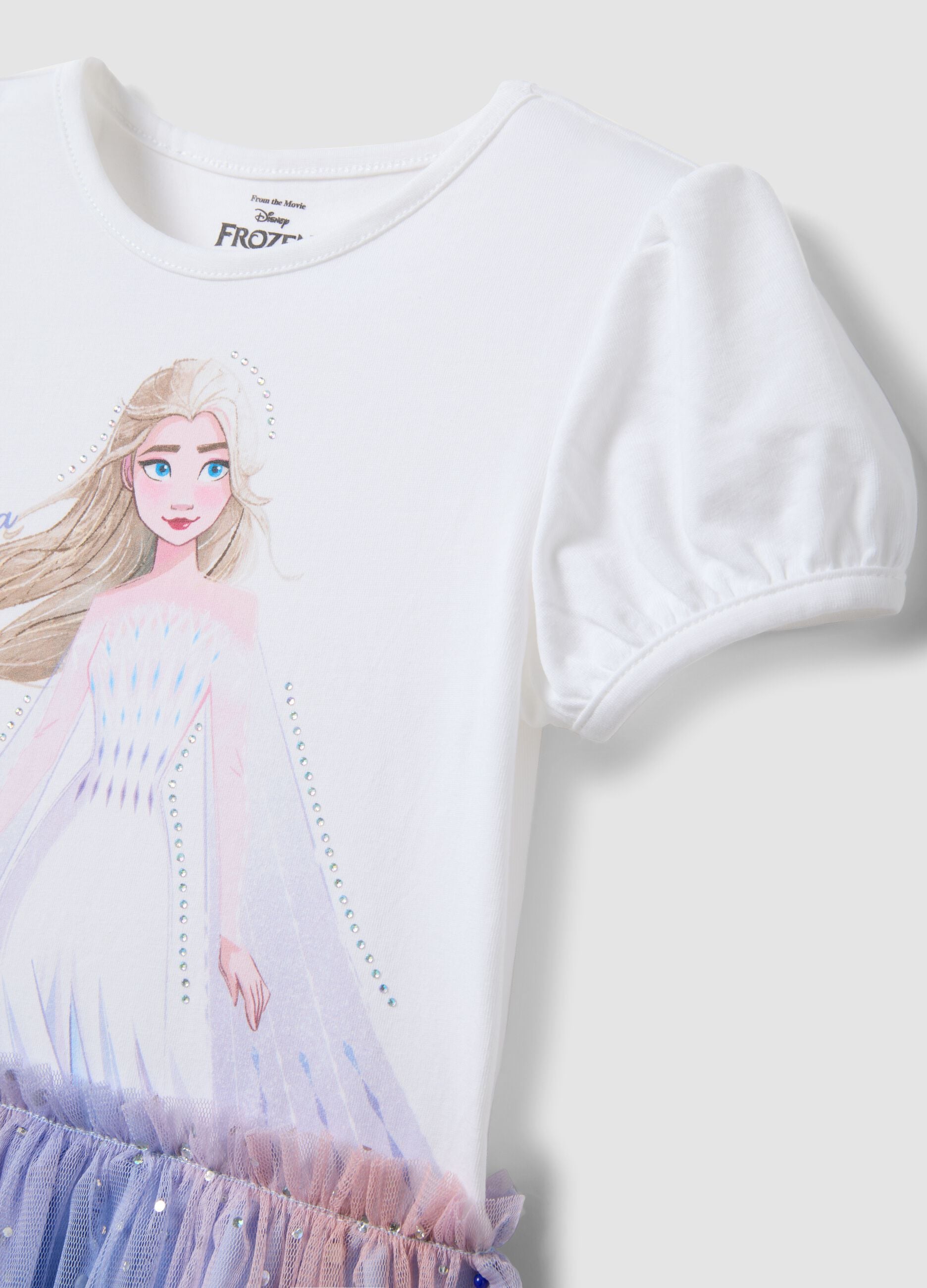 Girls&rsquo; white stretch cotton dress with tulle skirt