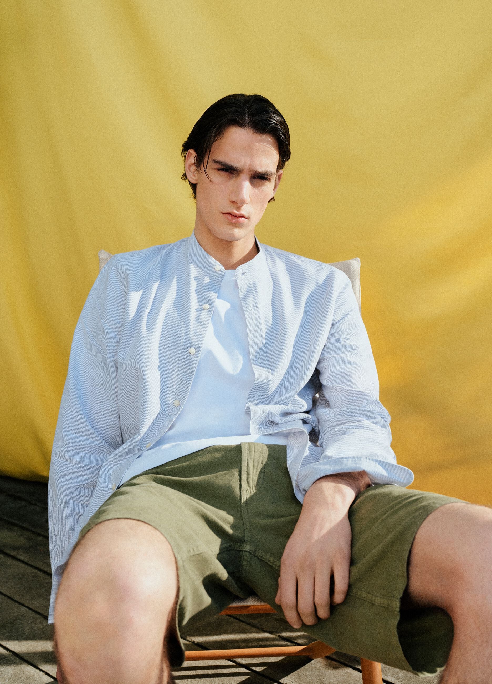 Multicolour striped shirt with mandarin collar in linen-cotton blend regular fit