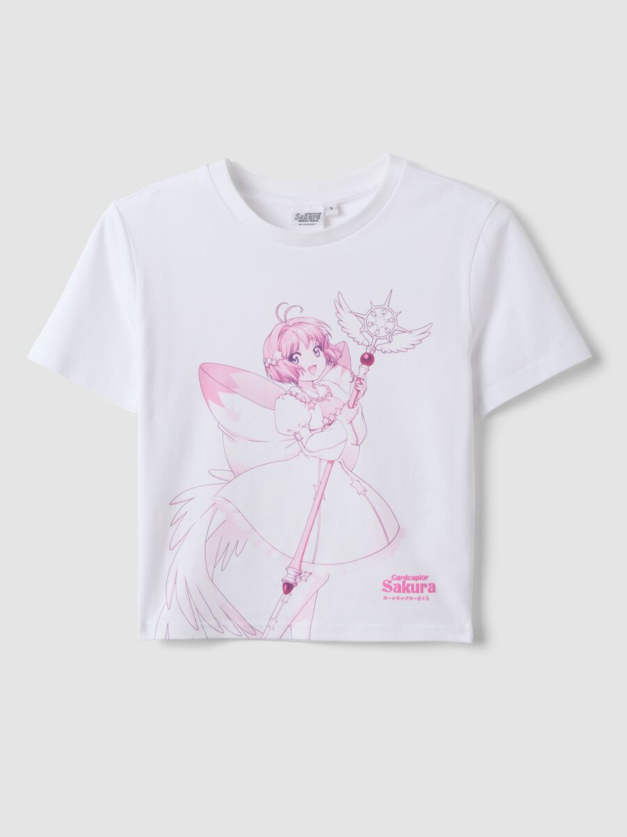 White stretch cotton T-shirt with Sakura print, regular fit_4