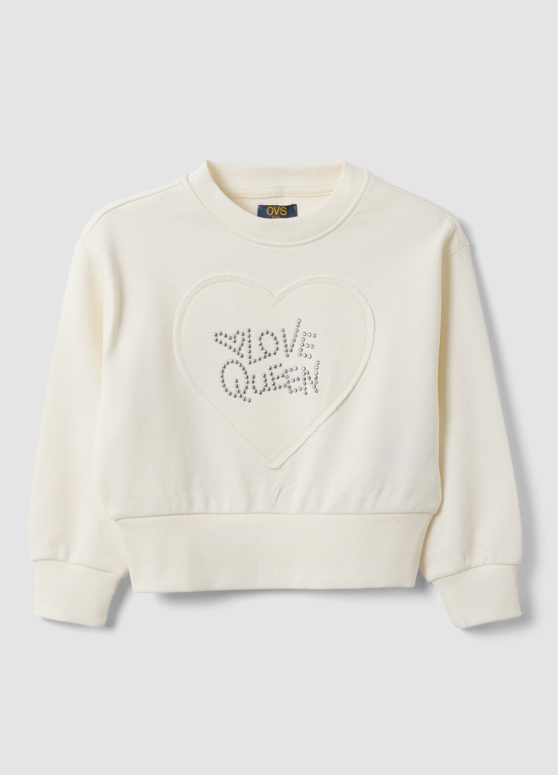 White pure cotton sweatshirt with rhinestone slogan and embroidered heart for girls