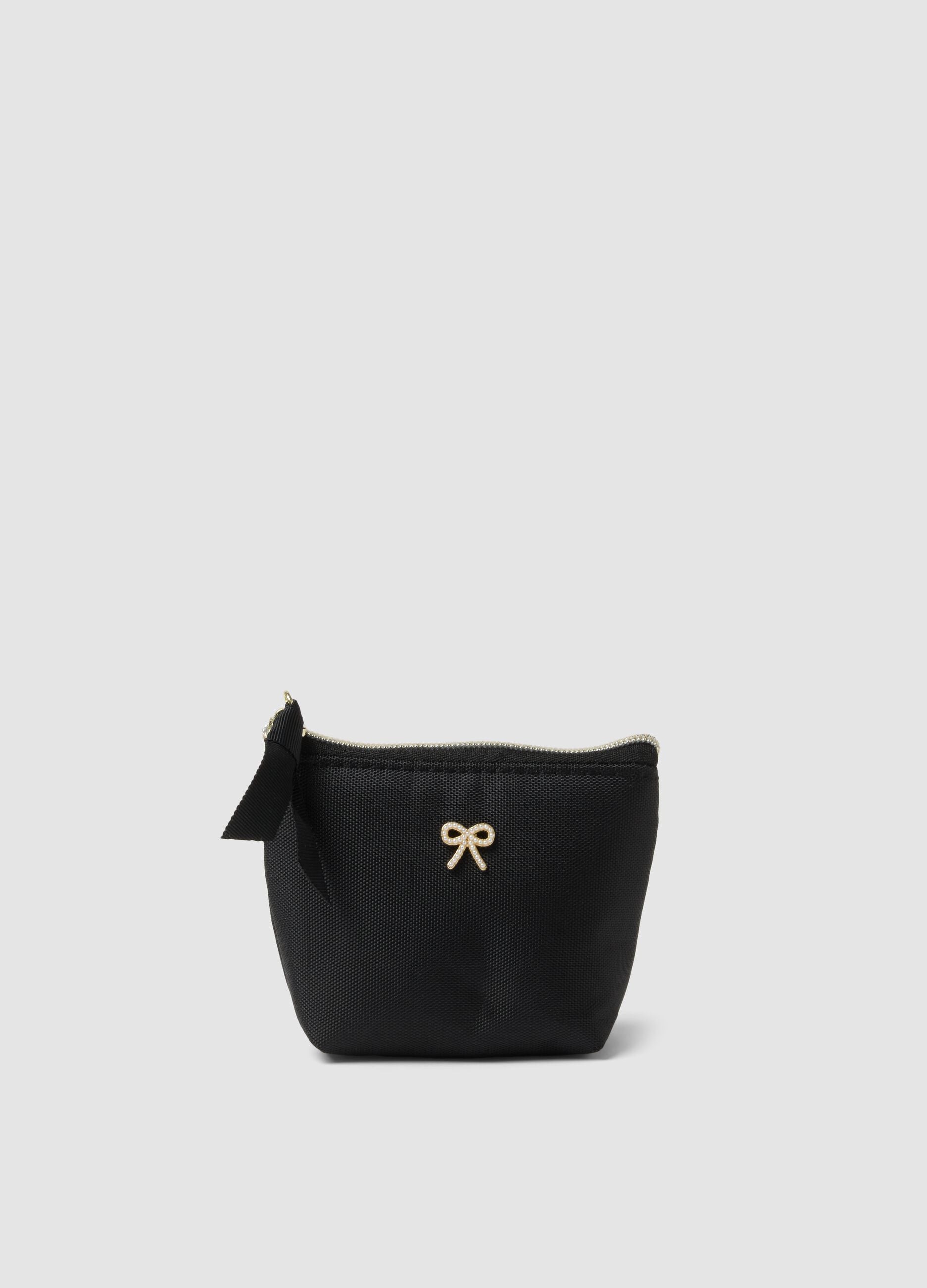 Black zip-up pouch with bow detail