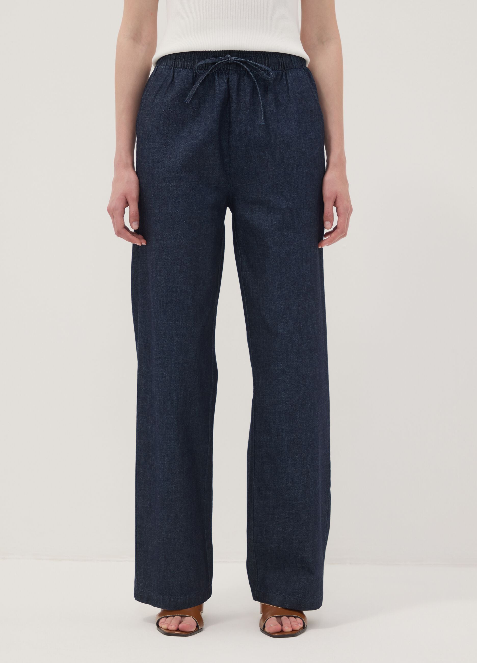Blue pure cotton wide-leg denim trousers with drawstring