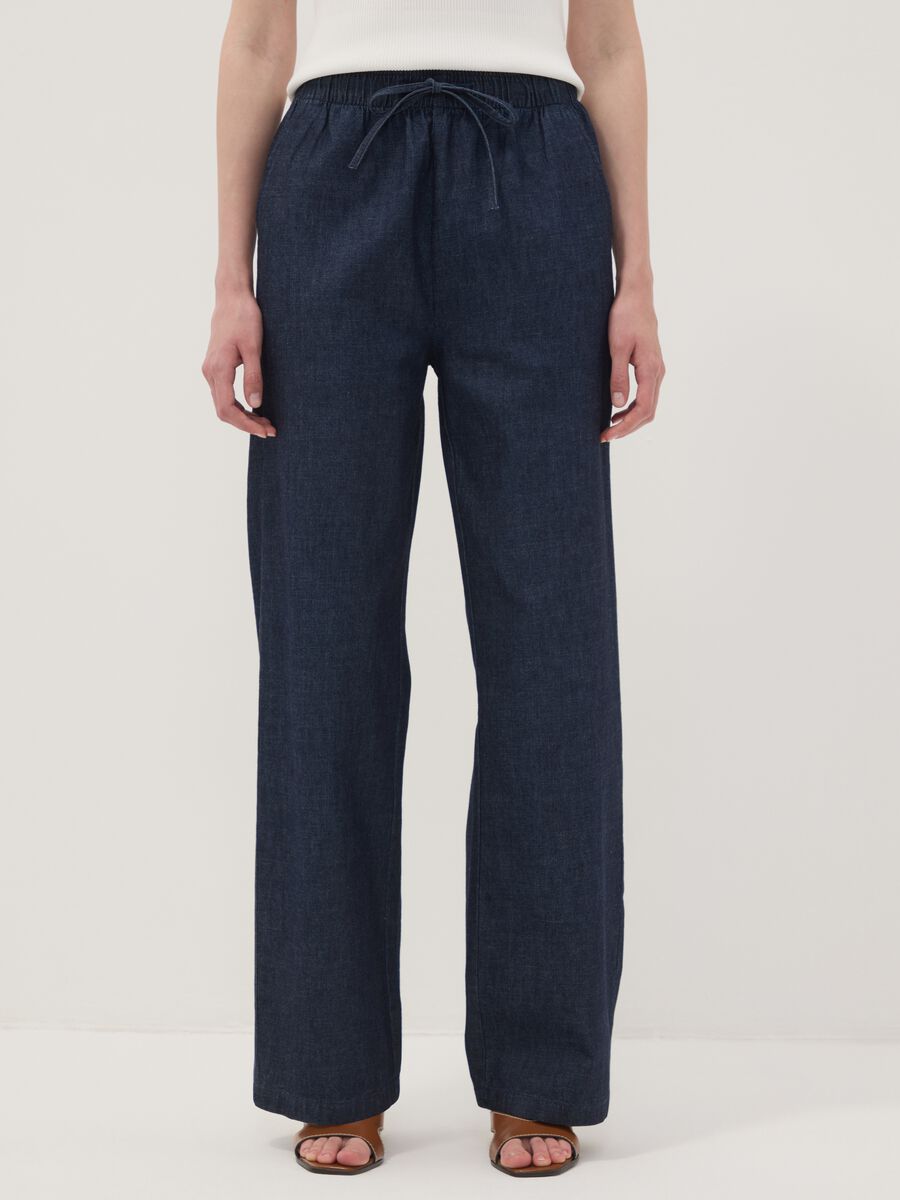Blue pure cotton wide-leg denim trousers with drawstring_1