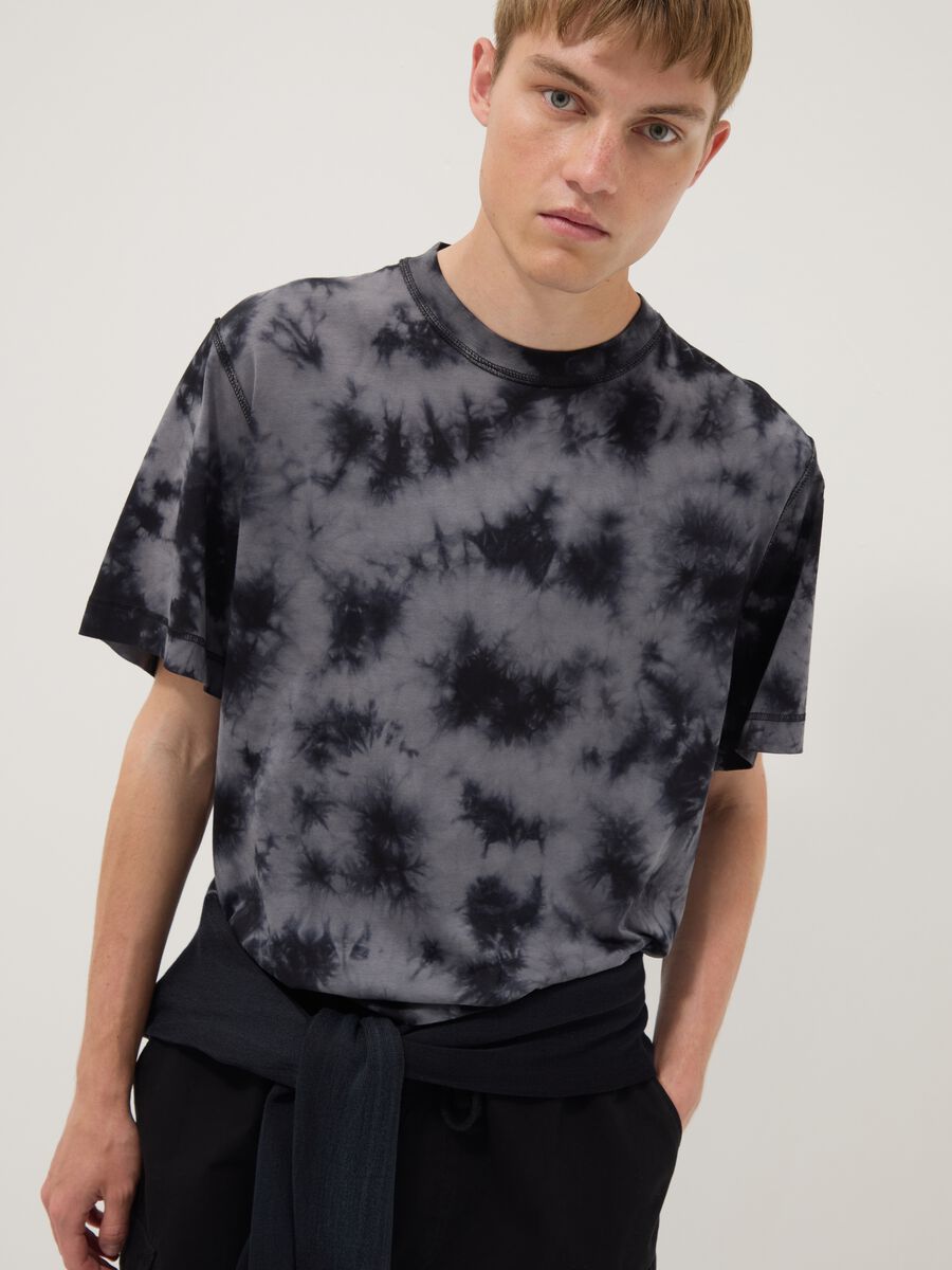 Blue pure cotton T-shirt with tie-dye print_1