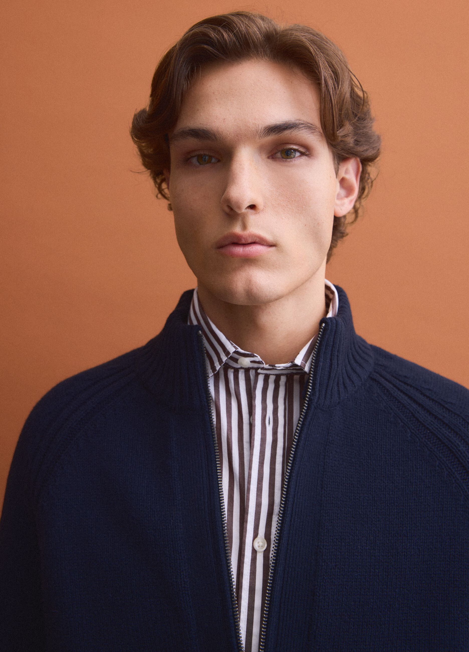 Blue cotton-blend cardigan with collar