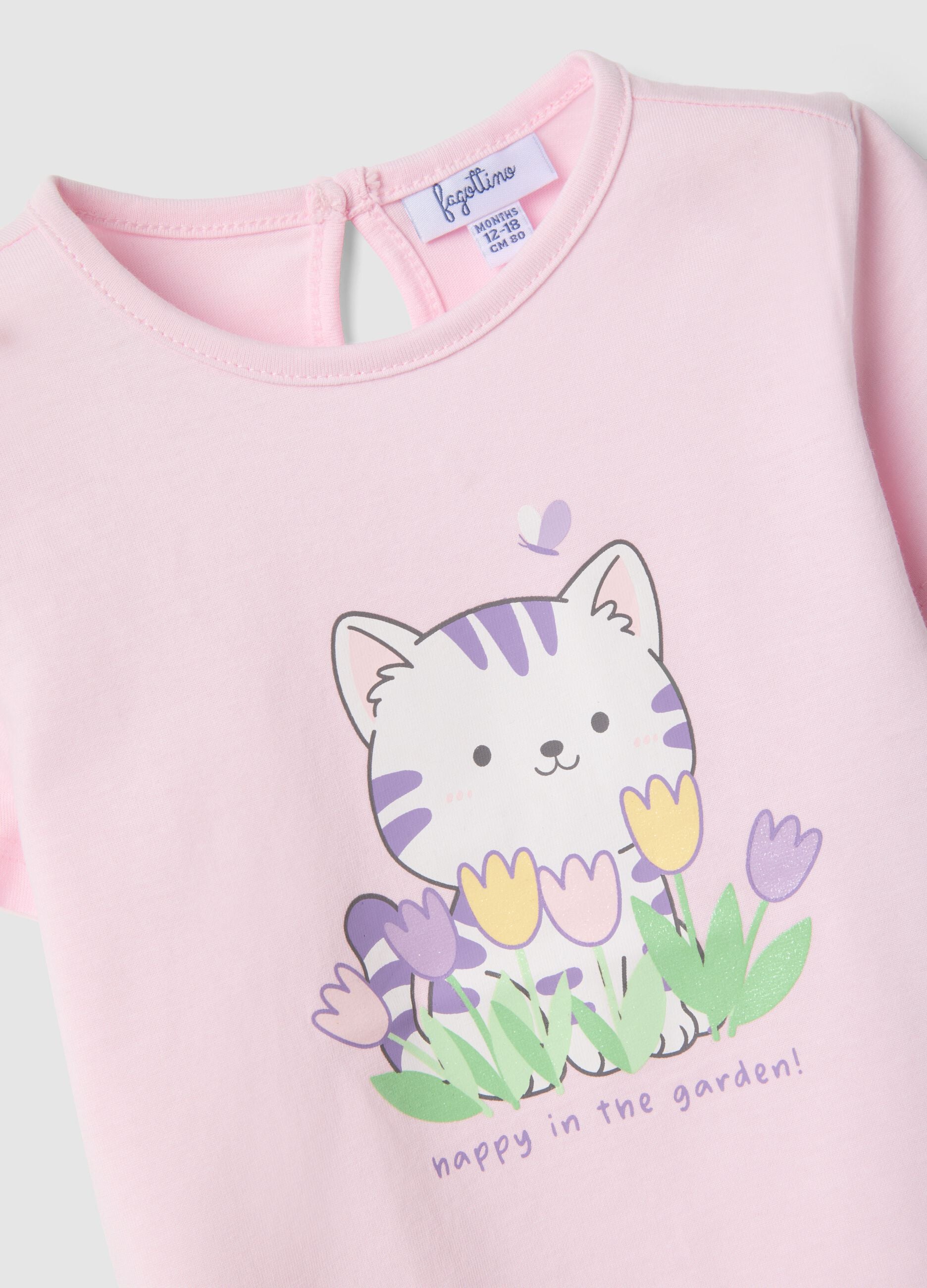Girls' pink cotton T-shirt regular fit with cat