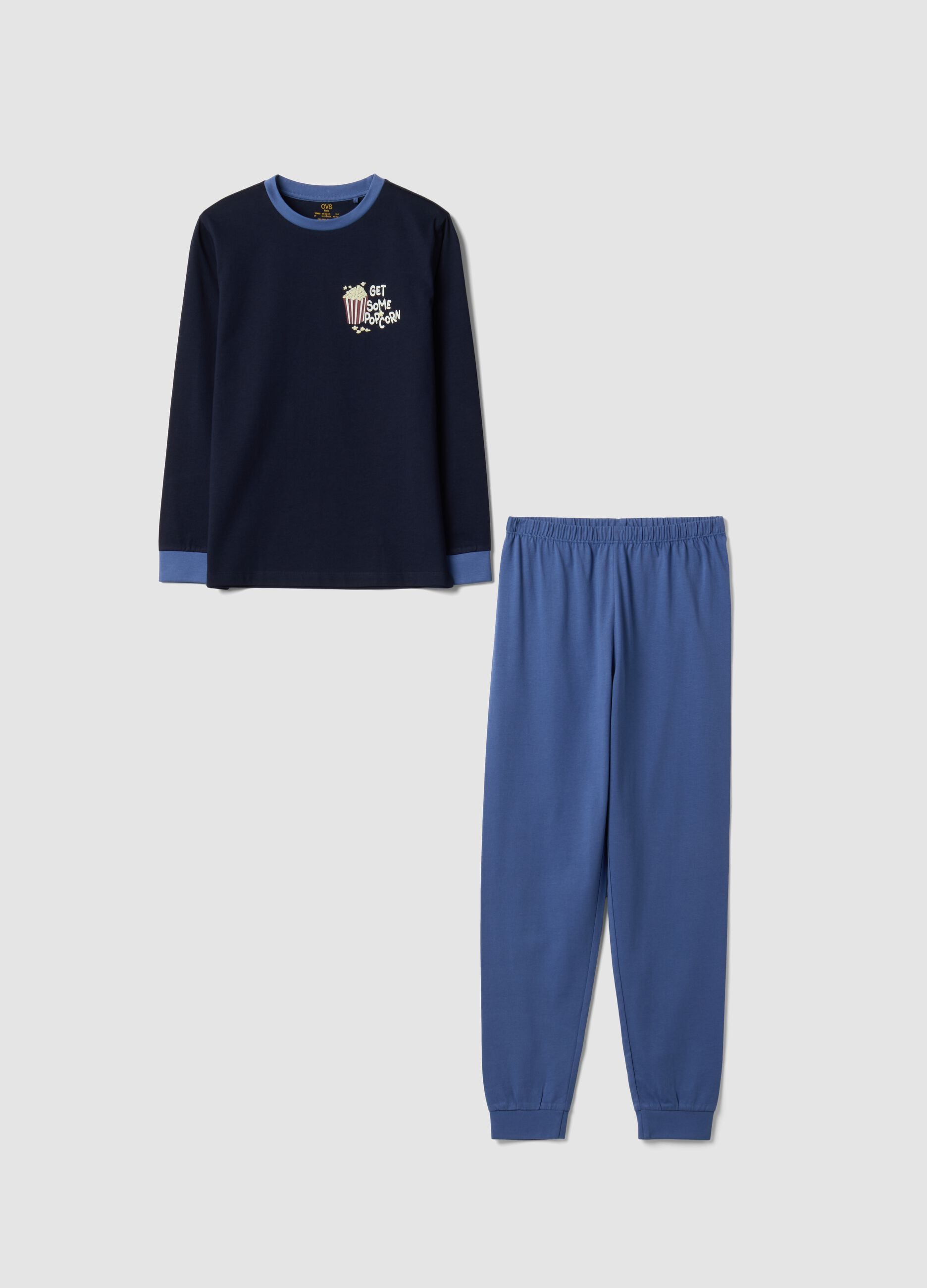 Blue pure organic cotton crew-neck pyjamas, regular fit