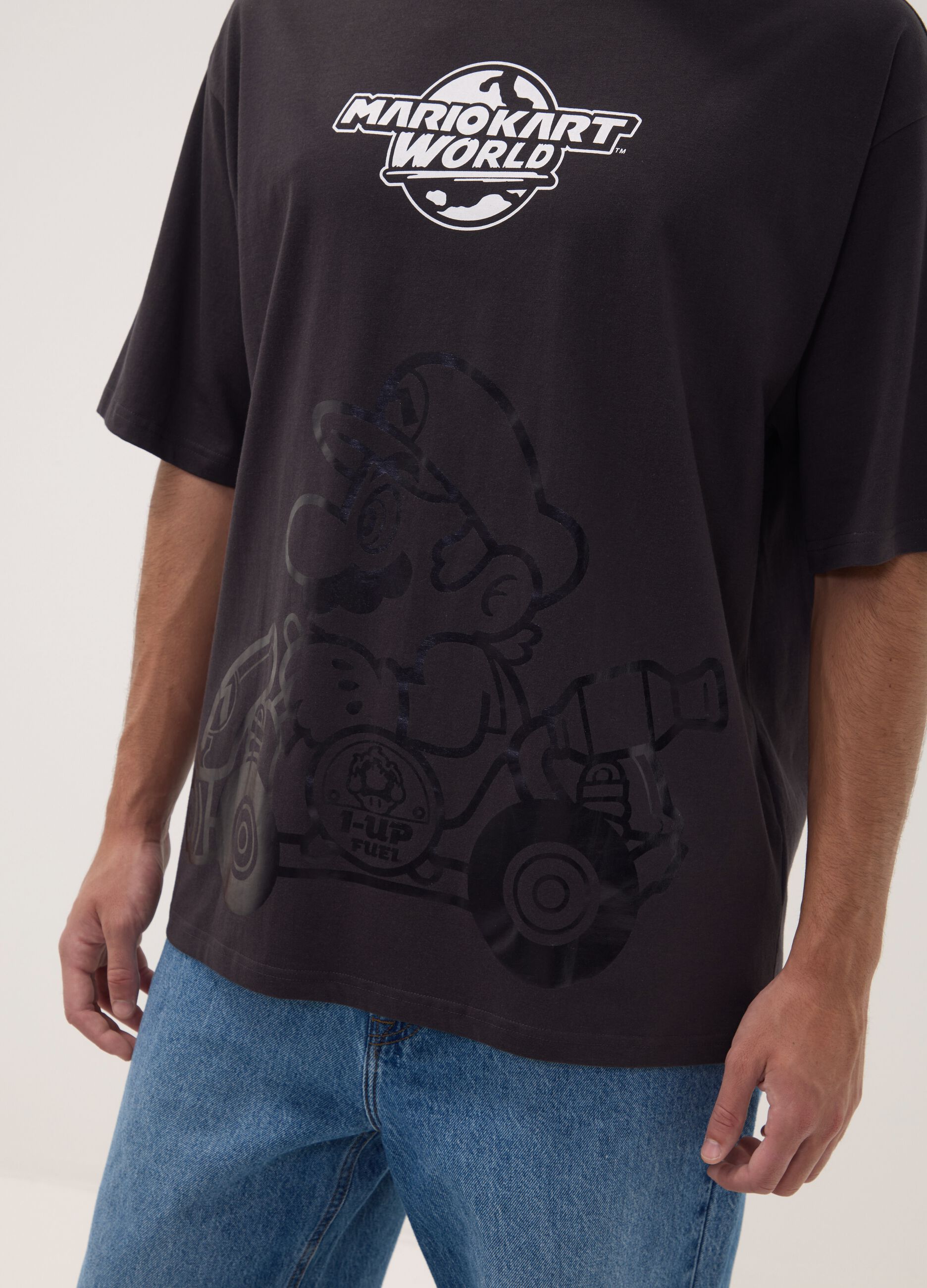Black pure cotton T-shirt with Mario Kart print