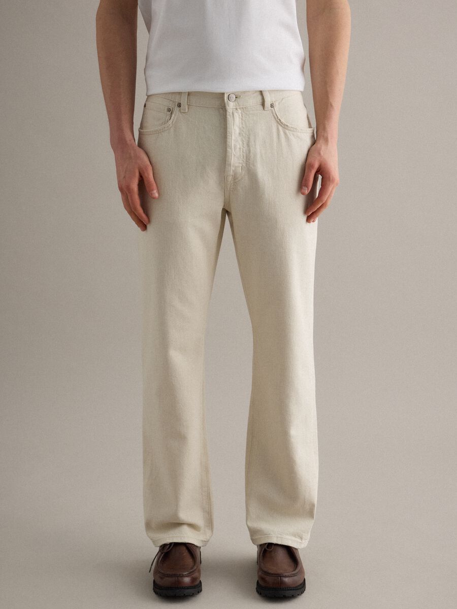 Beige regular fit cotton-linen blend jeans_2