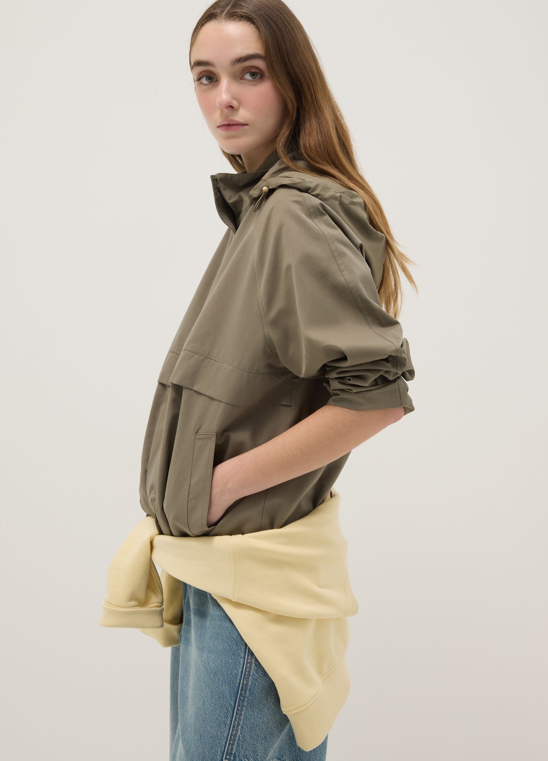 Green Cotton Blend Parka with Hood Regular Fit