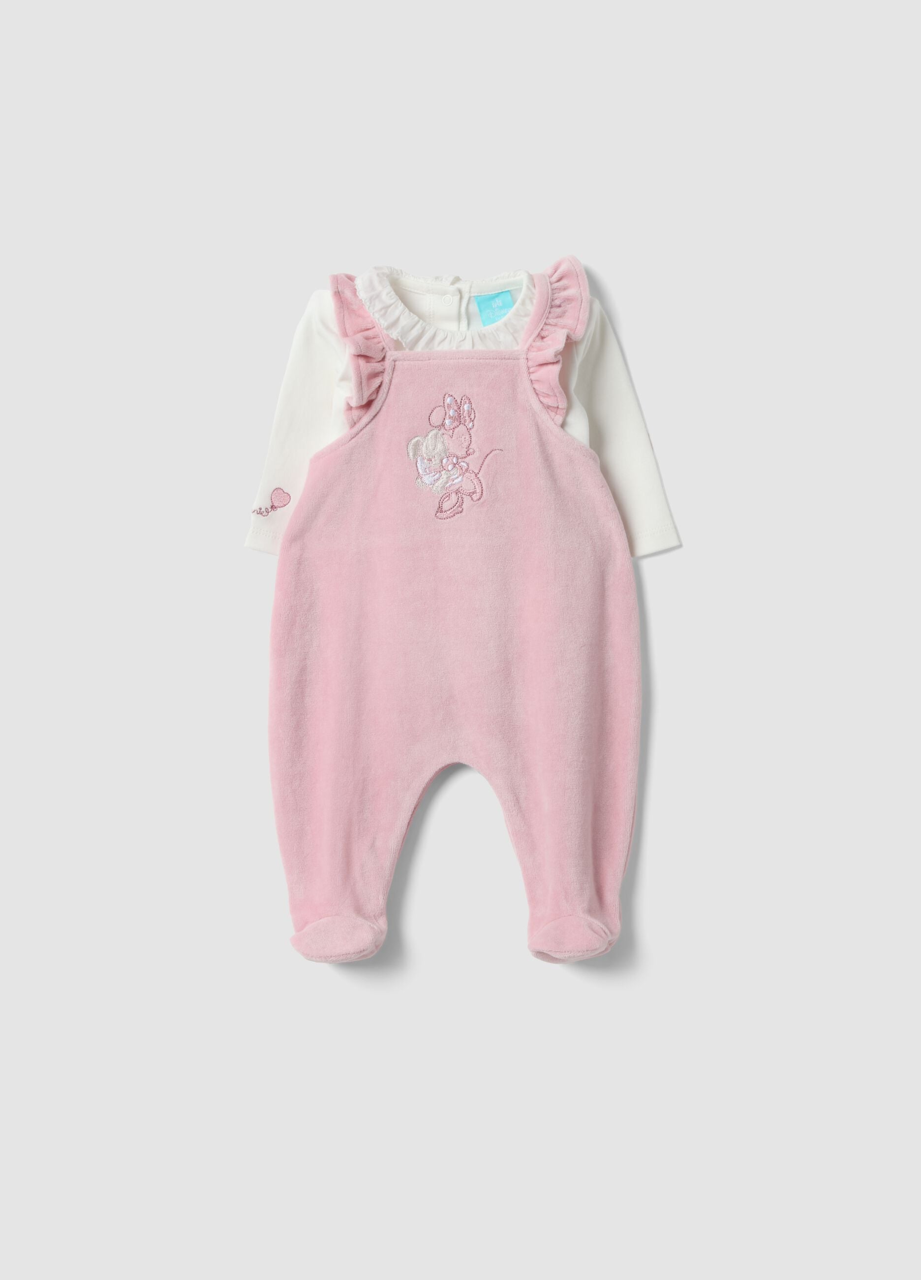 Pink and white organic cotton-blend set with Minnie embroidery for baby girl