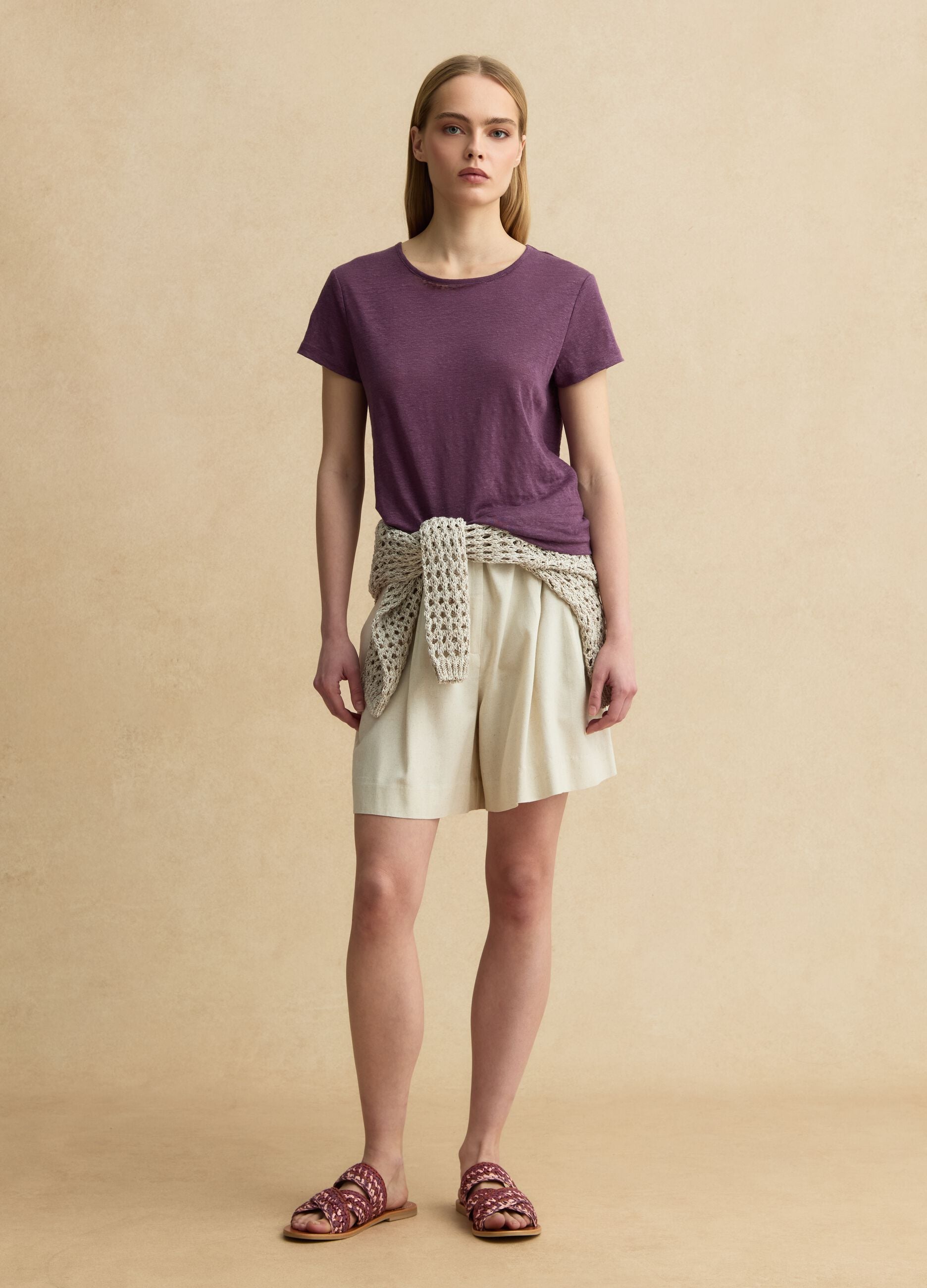 Purple short-sleeved pure linen T-shirt, regular fit