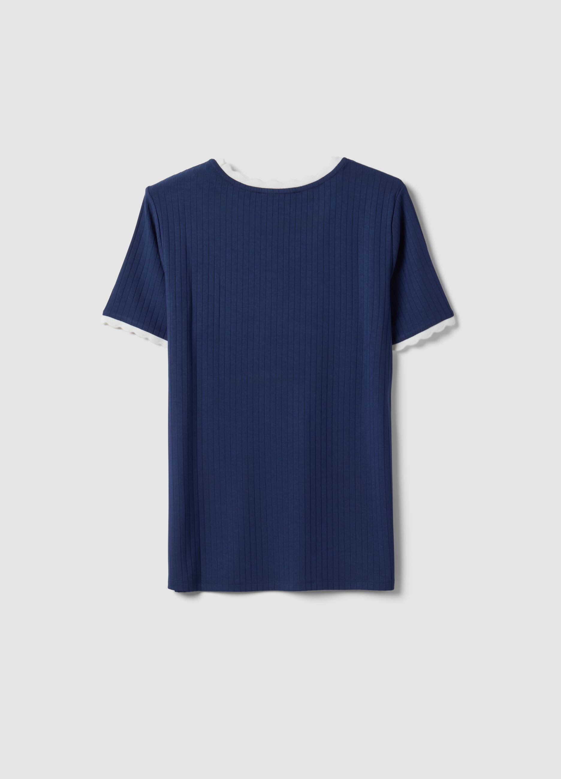 Blue stretch viscose crew-neck T-shirt with contrast trim