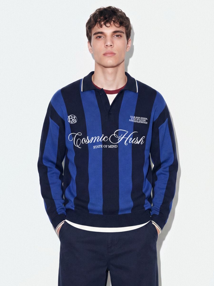 Maglia blu e nera in puro cotone con colletto polo over fit_0