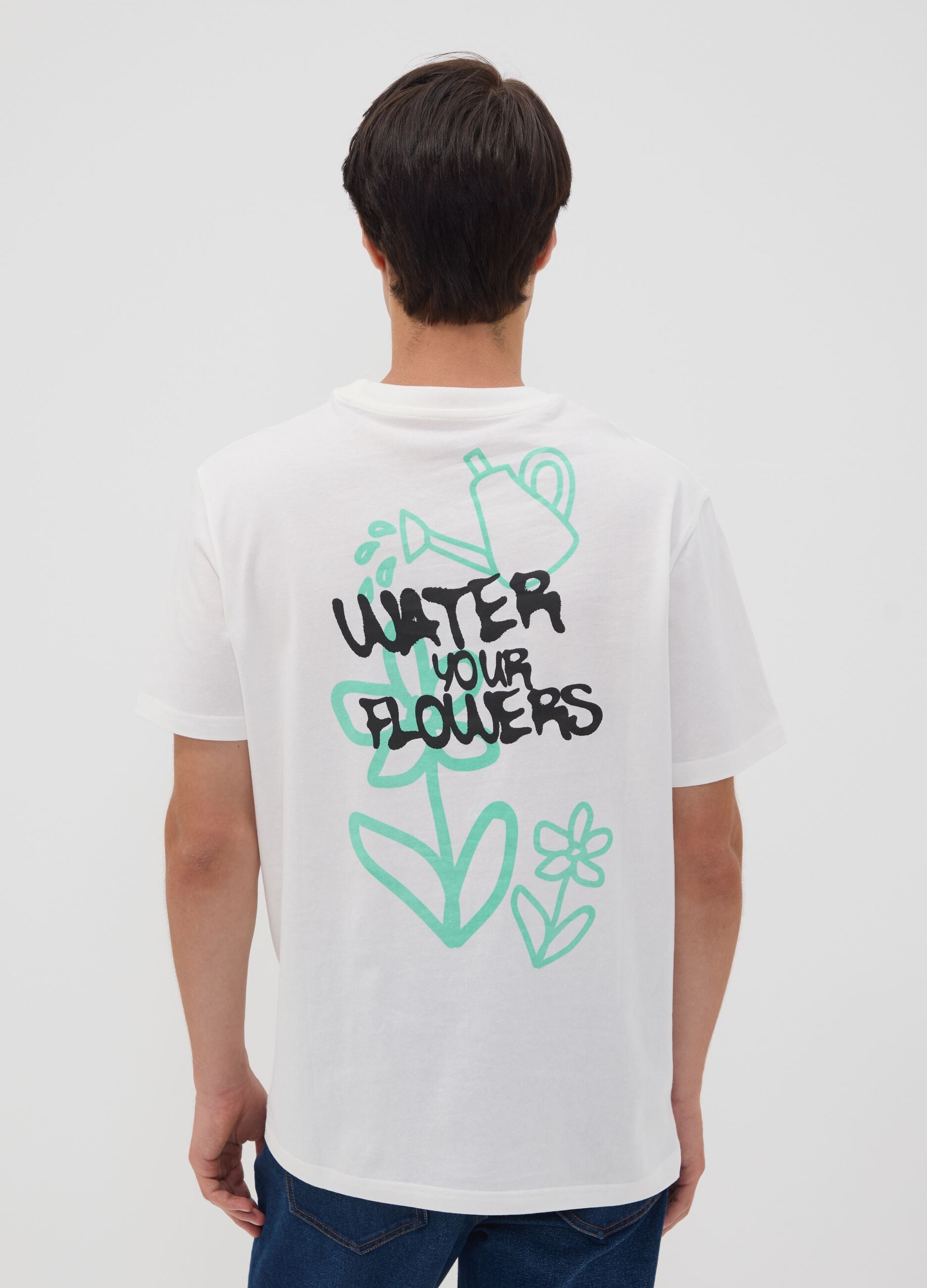 White pure cotton jersey T-shirt with "Water your Flowers" print, regular fit