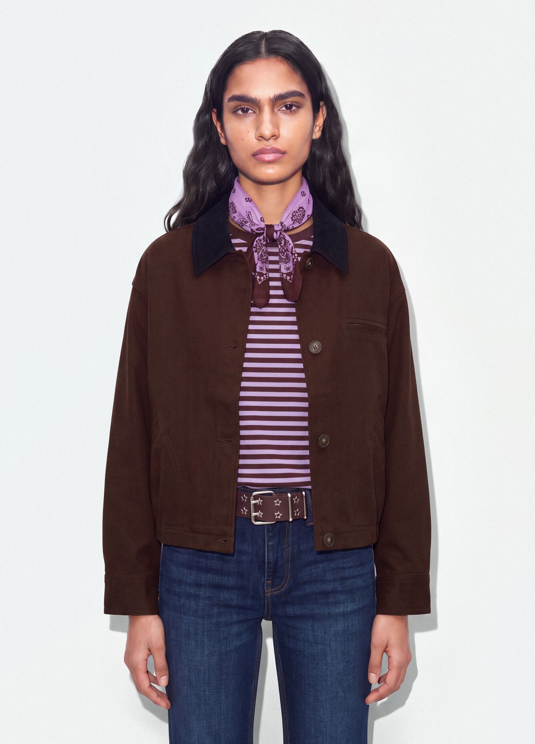 Brown pure cotton bomber jacket with contrast collar, regular fit
