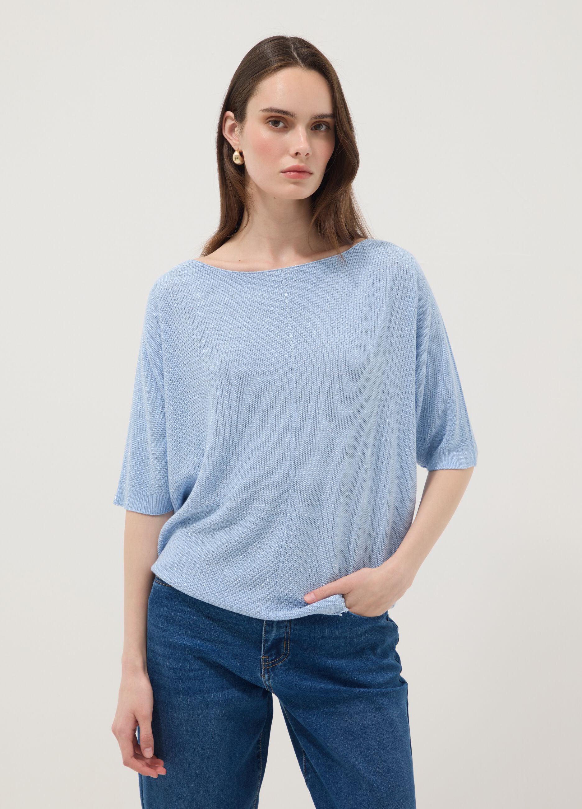 Light blue viscose-blend regular-fit T-shirt