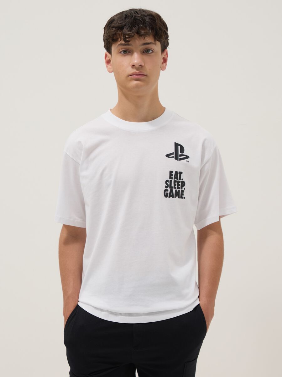 T-shirt bianca da ragazzo con logo Playstation in puro cotone relaxed fit_0