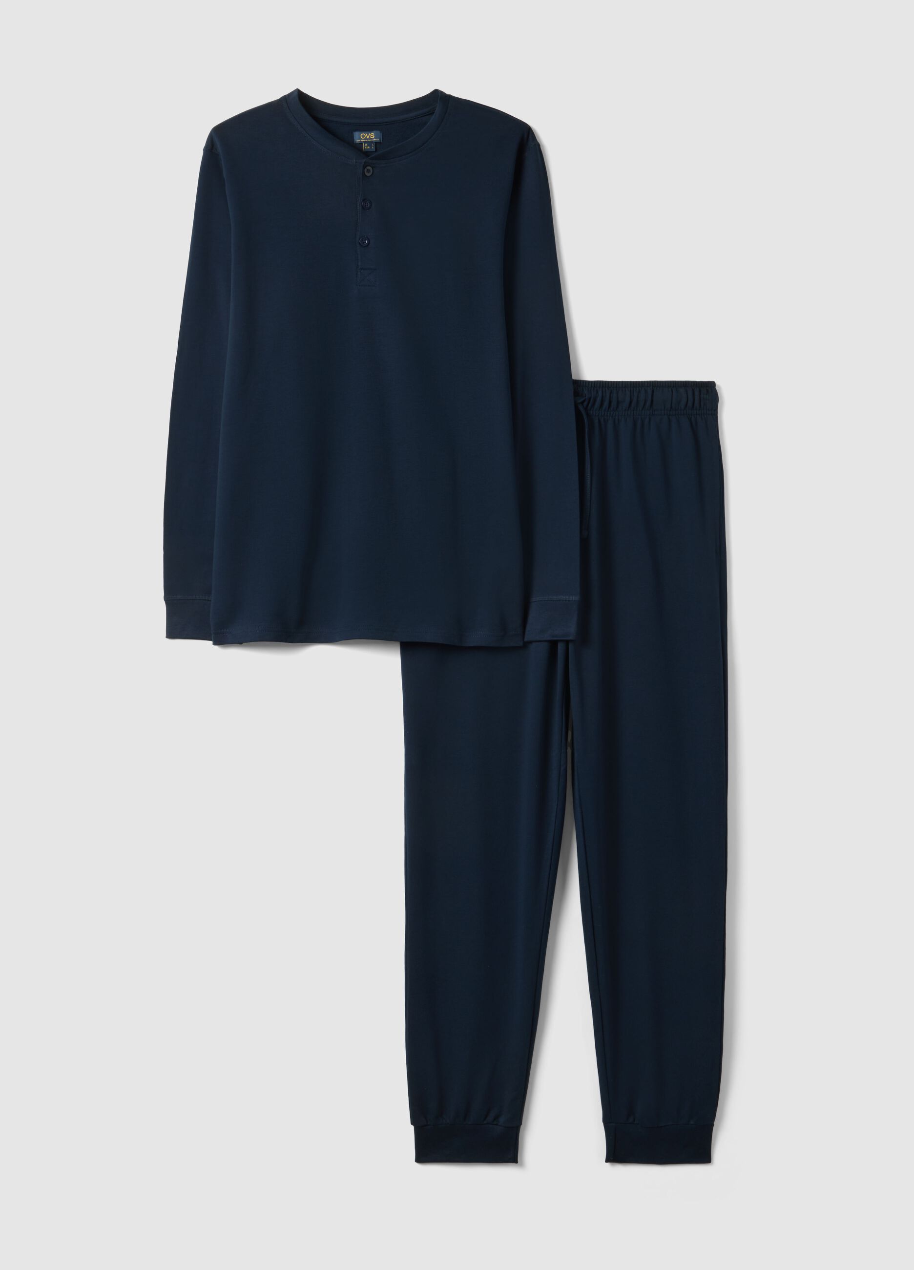 Blue long pyjama in pure cotton, regular fit with Henley collar