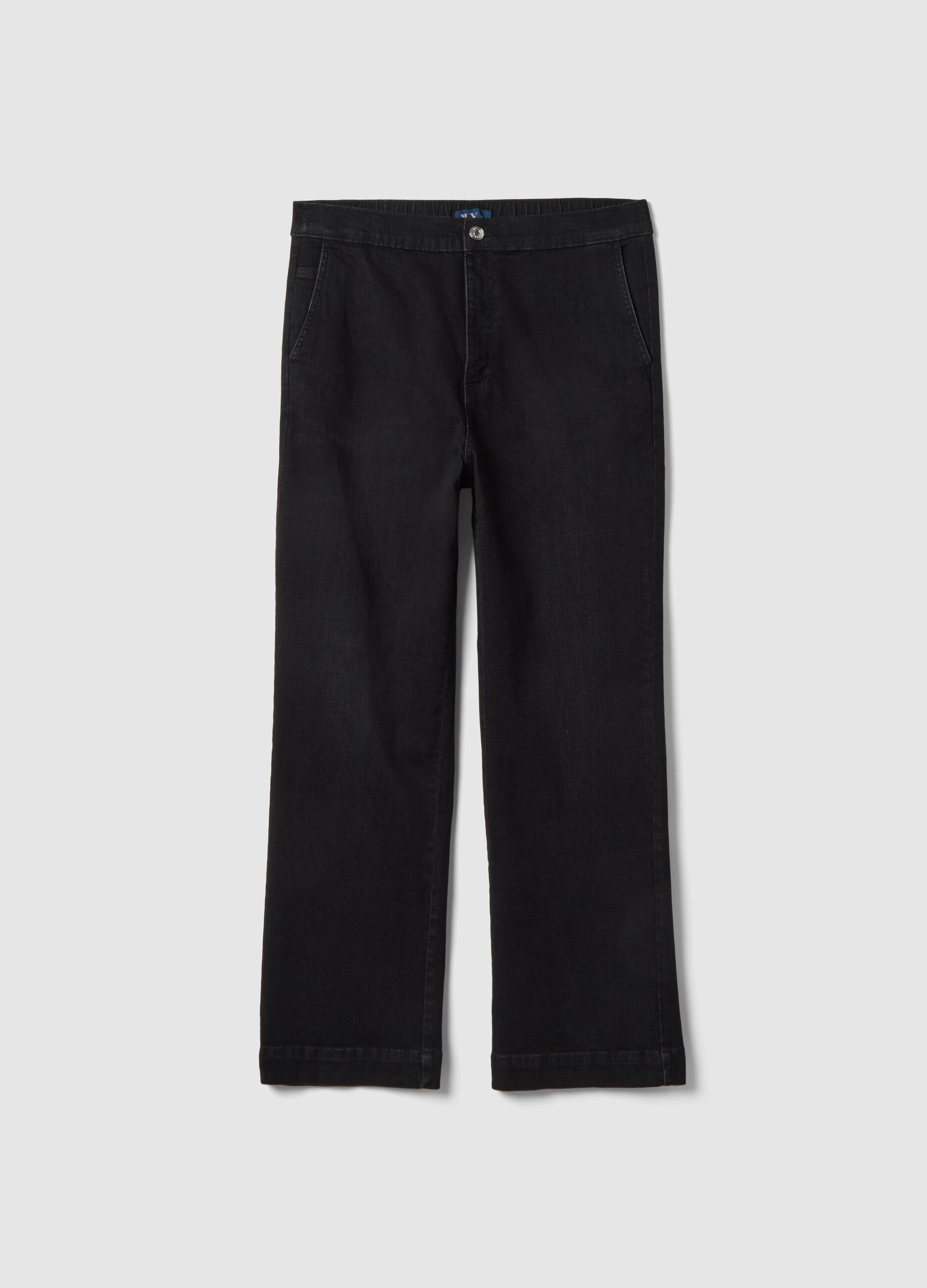 Black stretch cotton wide leg jeans