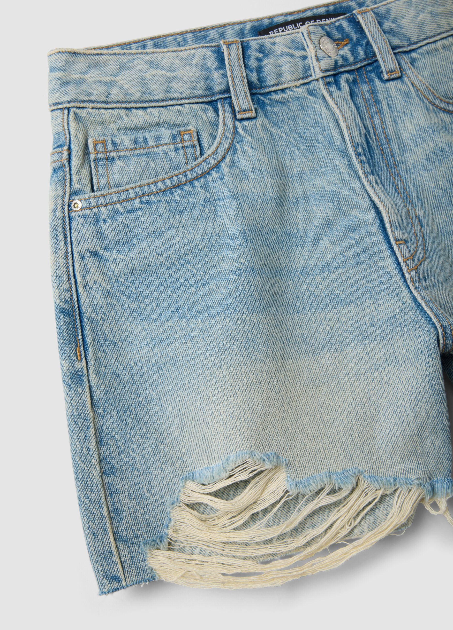 Light blue pure cotton denim shorts with frayed hems